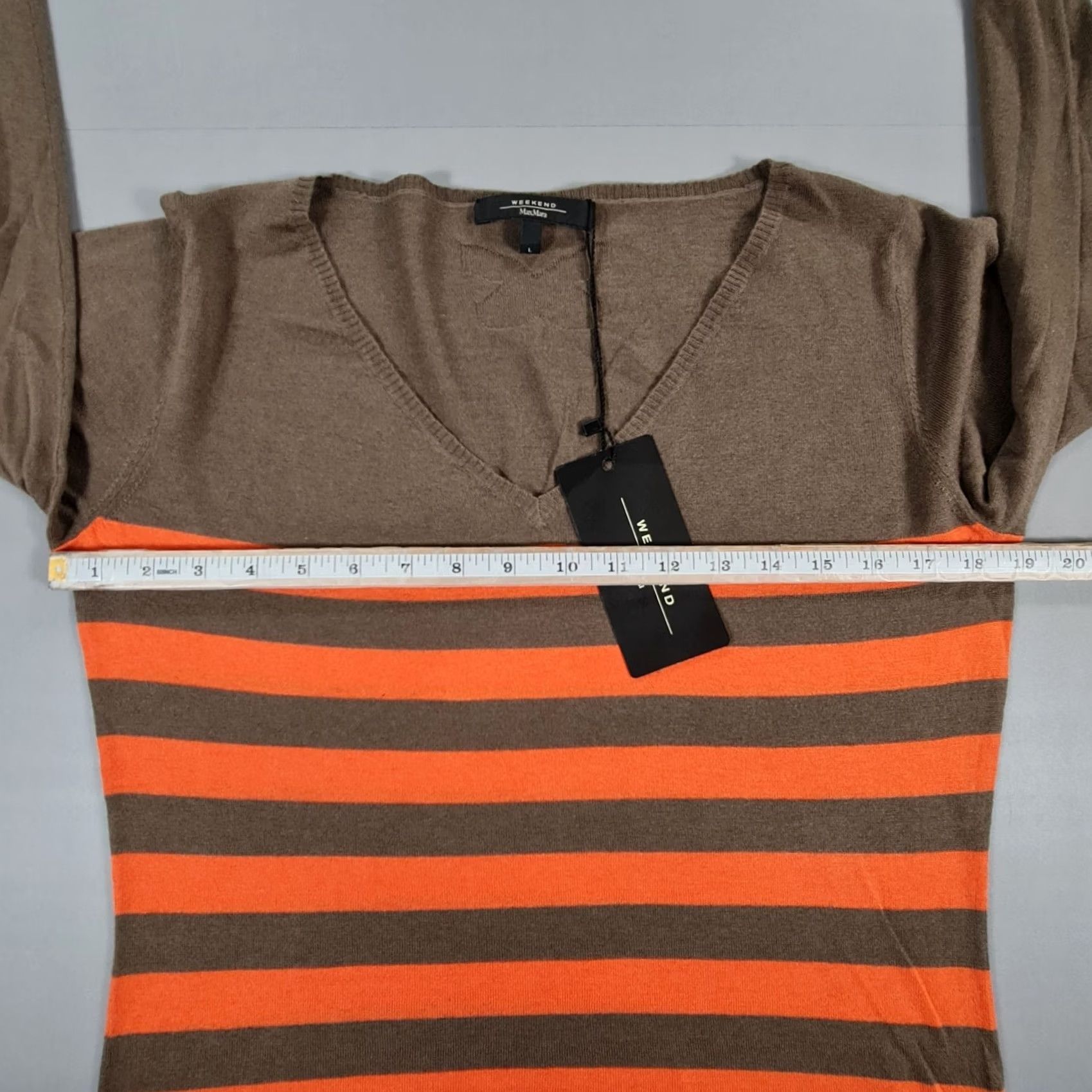 Vintage Weekend Max Mara Jumper Womens Brown Large Striped Silk Wool Lightweight Knit V-Neck Pullover Size L / US 10 / IT 46 - 5 Thumbnail