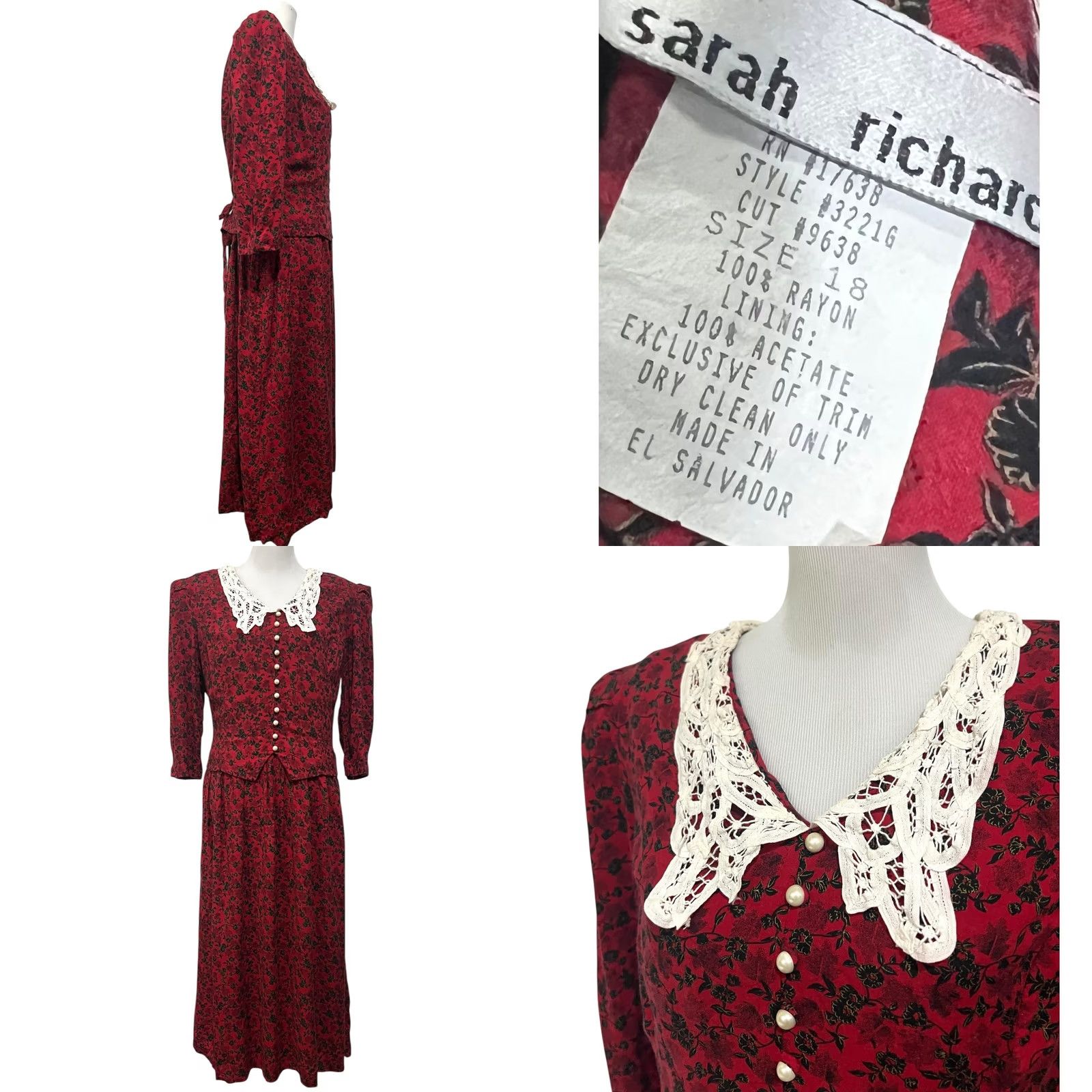 Vintage VINTAGE Sarah Richards Red Floral Dress Sz 18 Crochet Lace Pearly Buttons Long Women Size XXL / US 16-18 / IT 52-54 - 8 Thumbnail