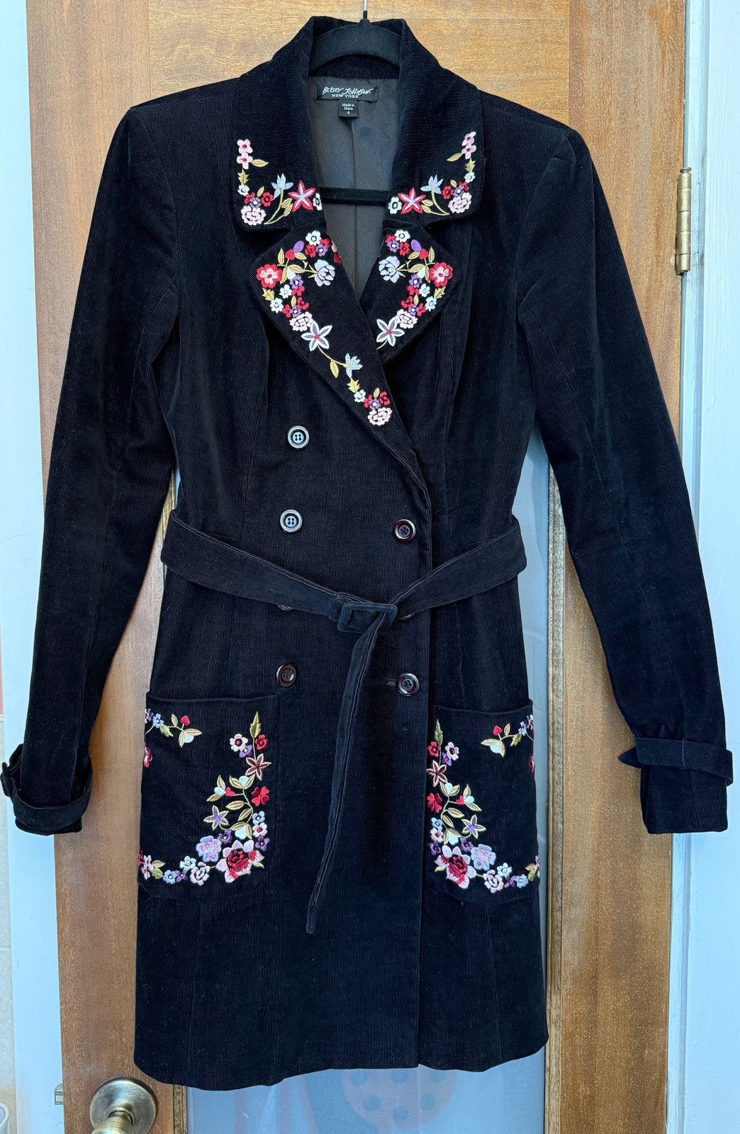Betsey Johnson Black Corduroy Double Breasted Trench Coat