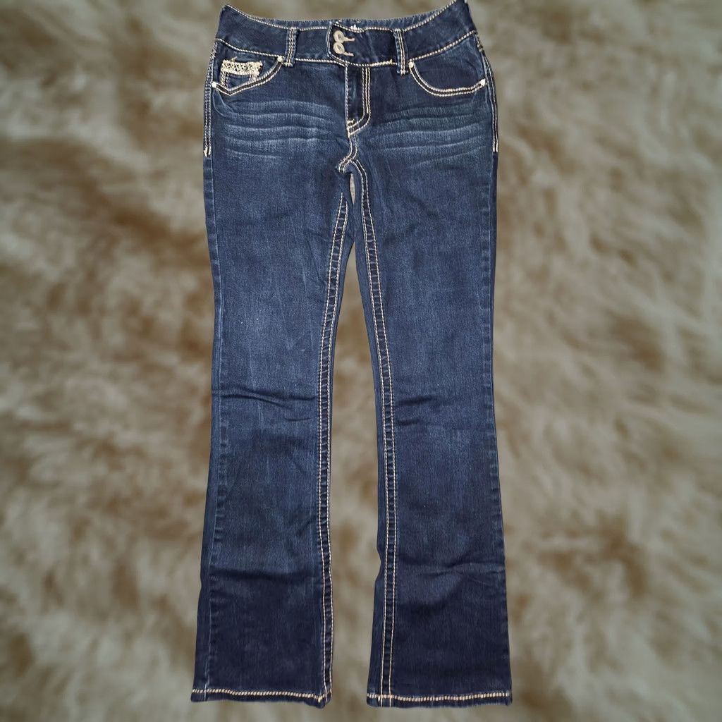 Vintage Amethyst Jeans Juniors 7 Dark Wash Low Rise Bootcut Stretch Rhinestone Pockets Jeans Women's/Teens Size 28" / US 6 / IT 42 - 1 Thumbnail