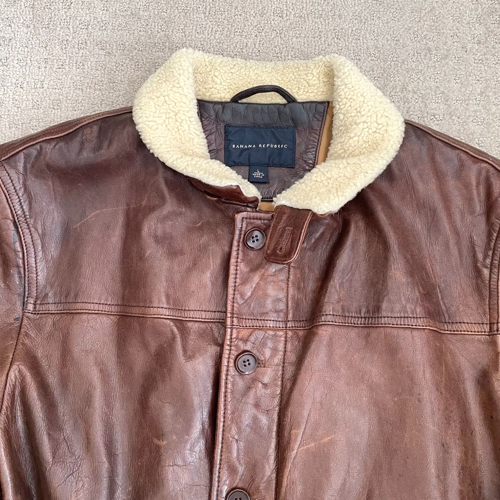 Banana Republic Banana Republic Bomber Jacket Men Large Brown Leather Chinstrap Sherpa Collar Jacket Size US L / EU 52-54 / 3 - 3 Thumbnail