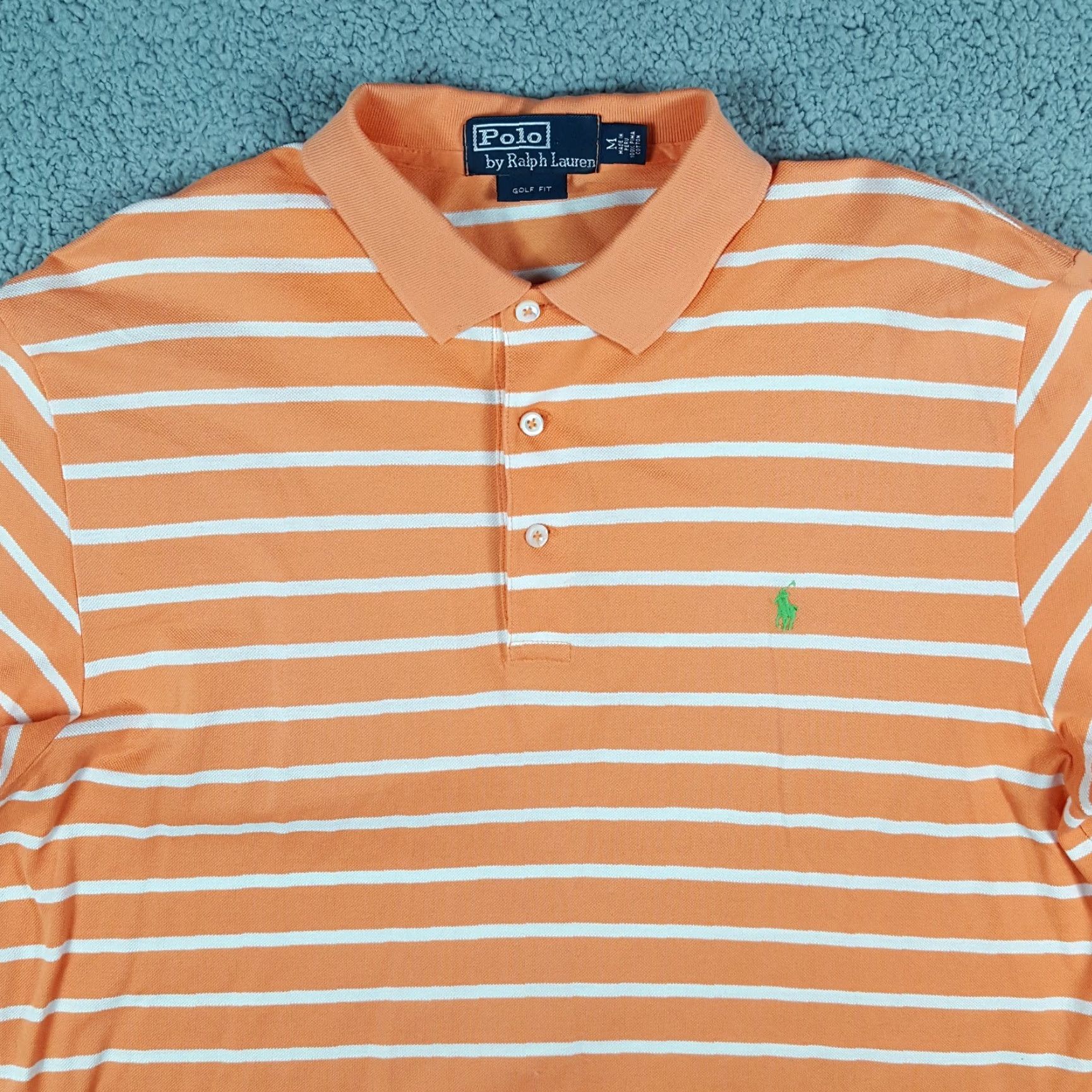 Ralph Lauren VINTAGE Polo Ralph Lauren Polo Shirt Striped Orange 90s Grunge Pony Logo Men's Medium Short Sleeve Cotton Polo Shirt Mens M Orange Polo Size US M / EU 48-50 / 2 - 2 Thumbnail