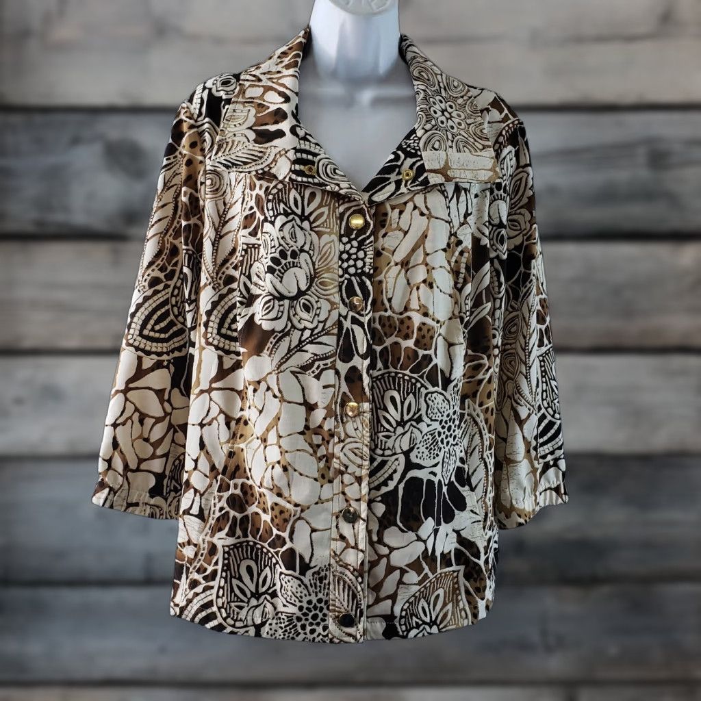 Vintage Chicos Zenergy Womens Jacket L Brown Cream Floral Animal Print Jacket, 3/4 Sleeve, Snap Closure, Polyester, Basic Womens Jacket - Mens/ Womens? Size L / US 10 / IT 46 - 1 Thumbnail