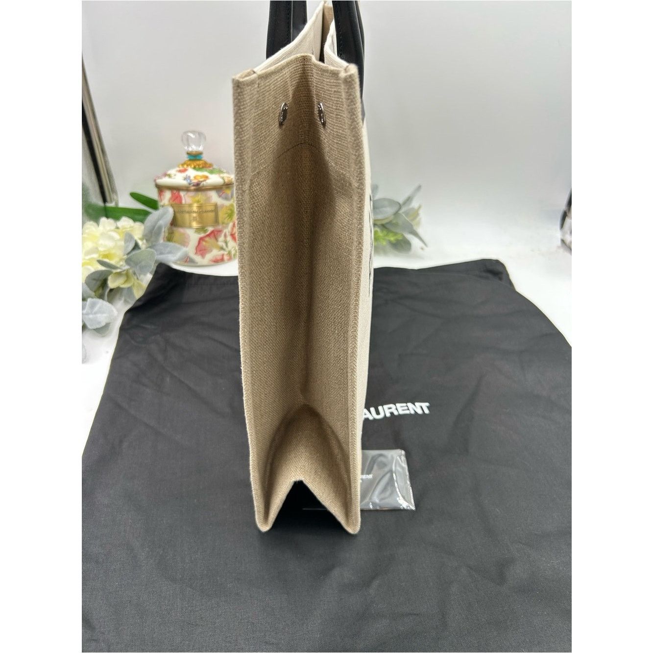 Saint Laurent Paris Saint Laurent Rive Gauche Canvas Tote Bag in Cream and Black Size ONE SIZE - 7 Thumbnail