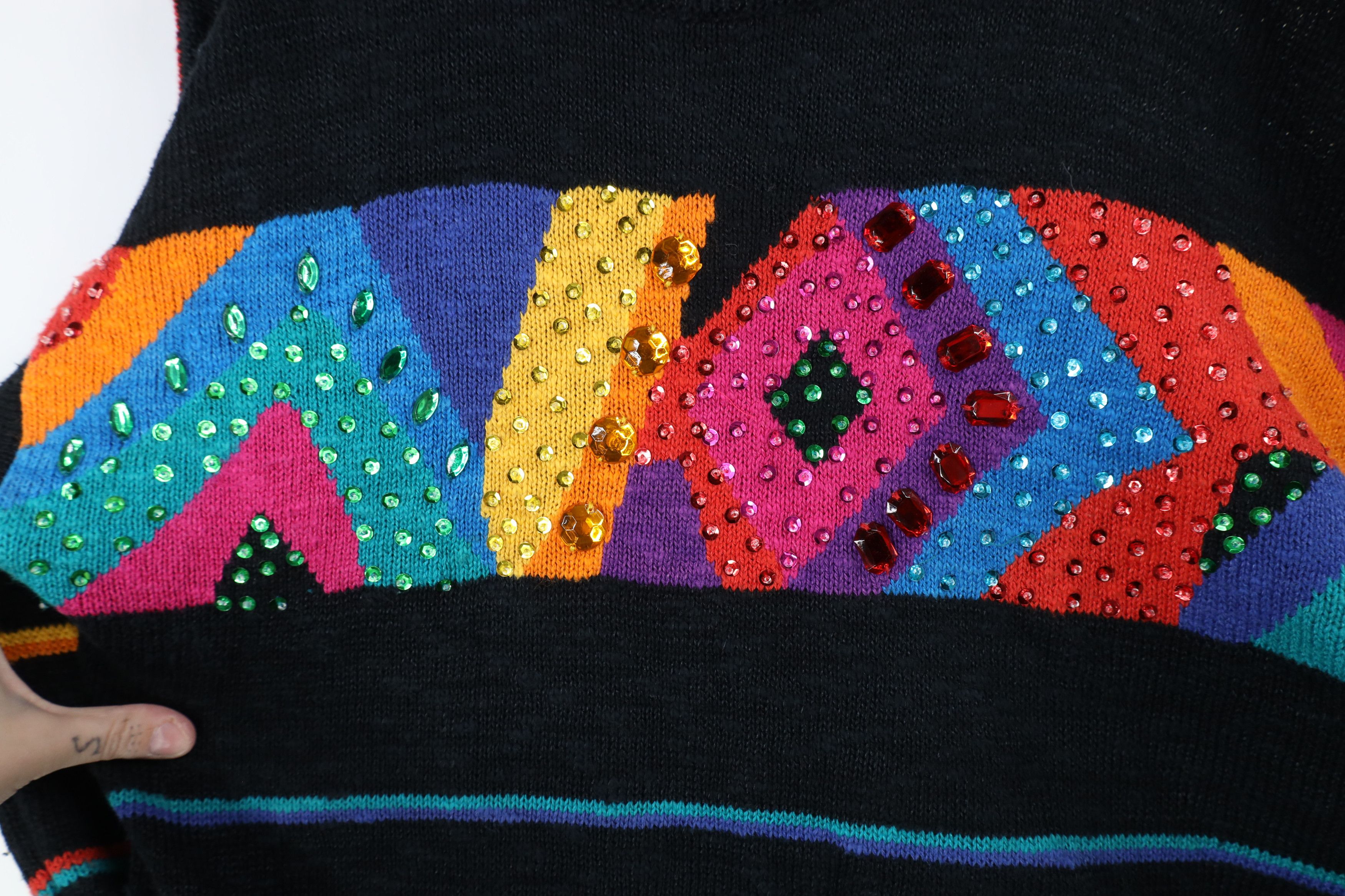 Vintage Vintage 90s Streetwear Striped Jeweled Sequin Knit Sweater Size S / US 4 / IT 40 - 4 Thumbnail