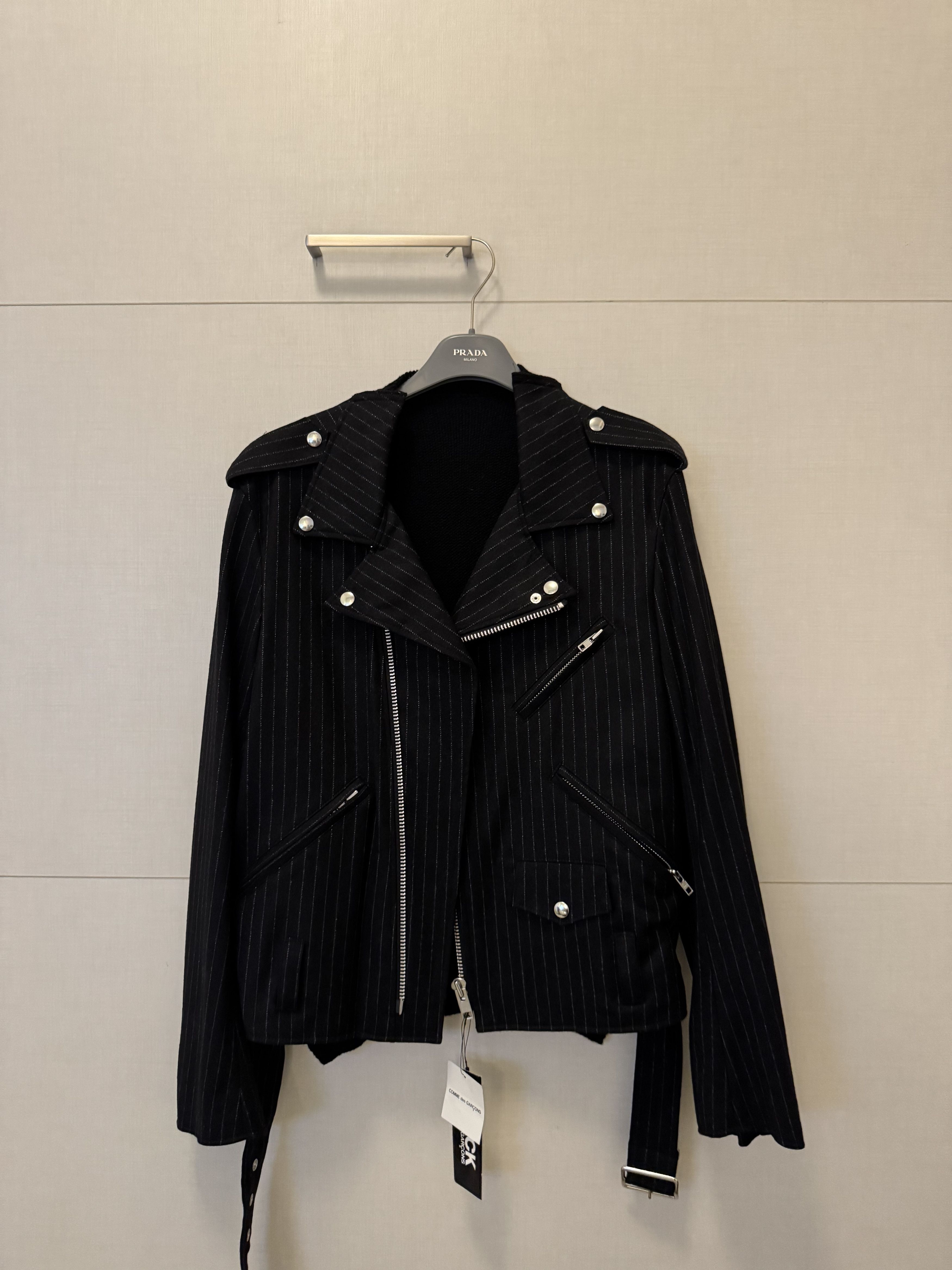 BLACK Comme des Garcons Wool Striped Moto Jacket