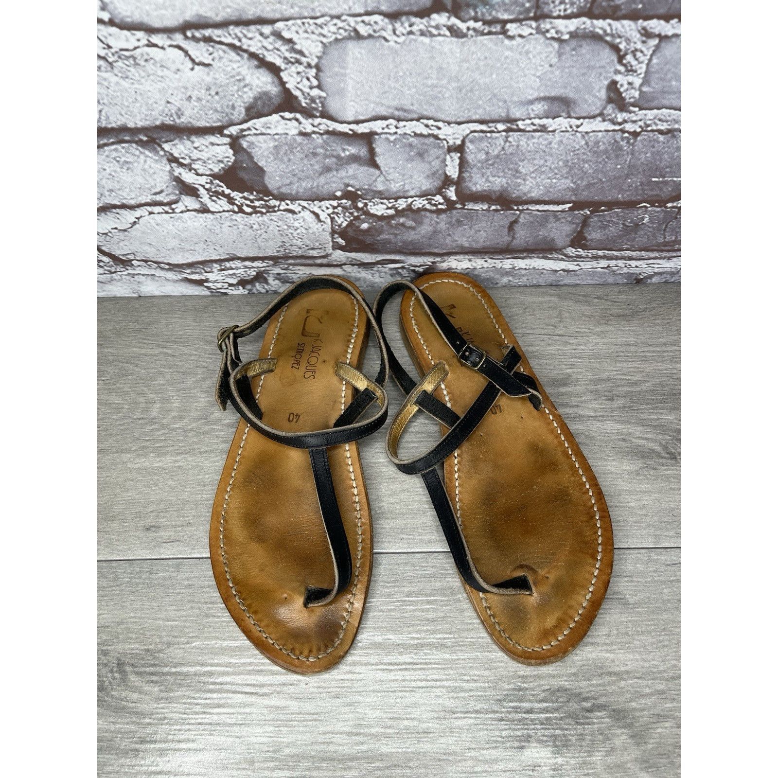 Jacques Lemans K Jacques Picon Black Leather Flat Thong Strap Sandals Women Size US 9.5 / IT 39.5 - 1 Thumbnail
