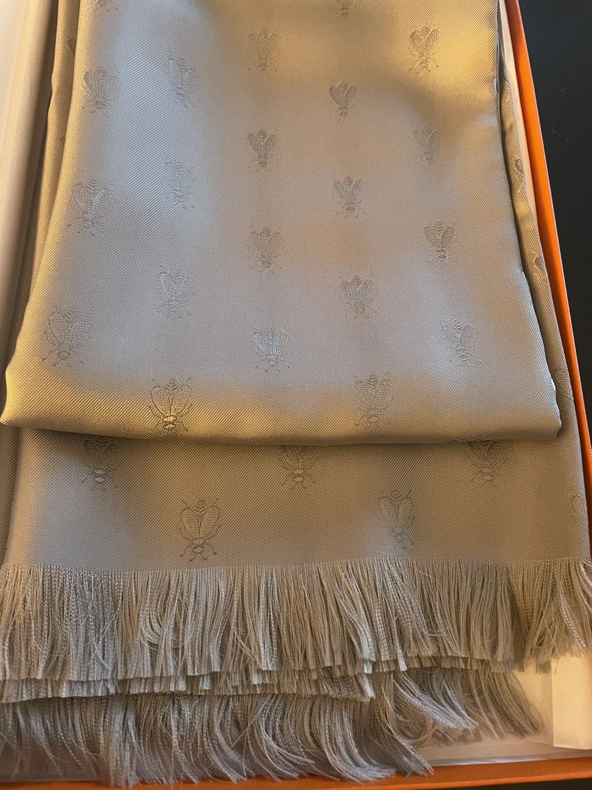 image of Hermes Fringed Silk Scarf in Grey, Men's
