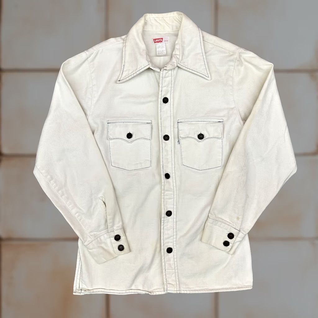 Denime VINTAGE Levi’s White Denim Western Button Up Shirt M USA Big E 70s 80s Rockabilly Long Sleeve Casual Mens Size US M / EU 48-50 / 2 - 1 Thumbnail