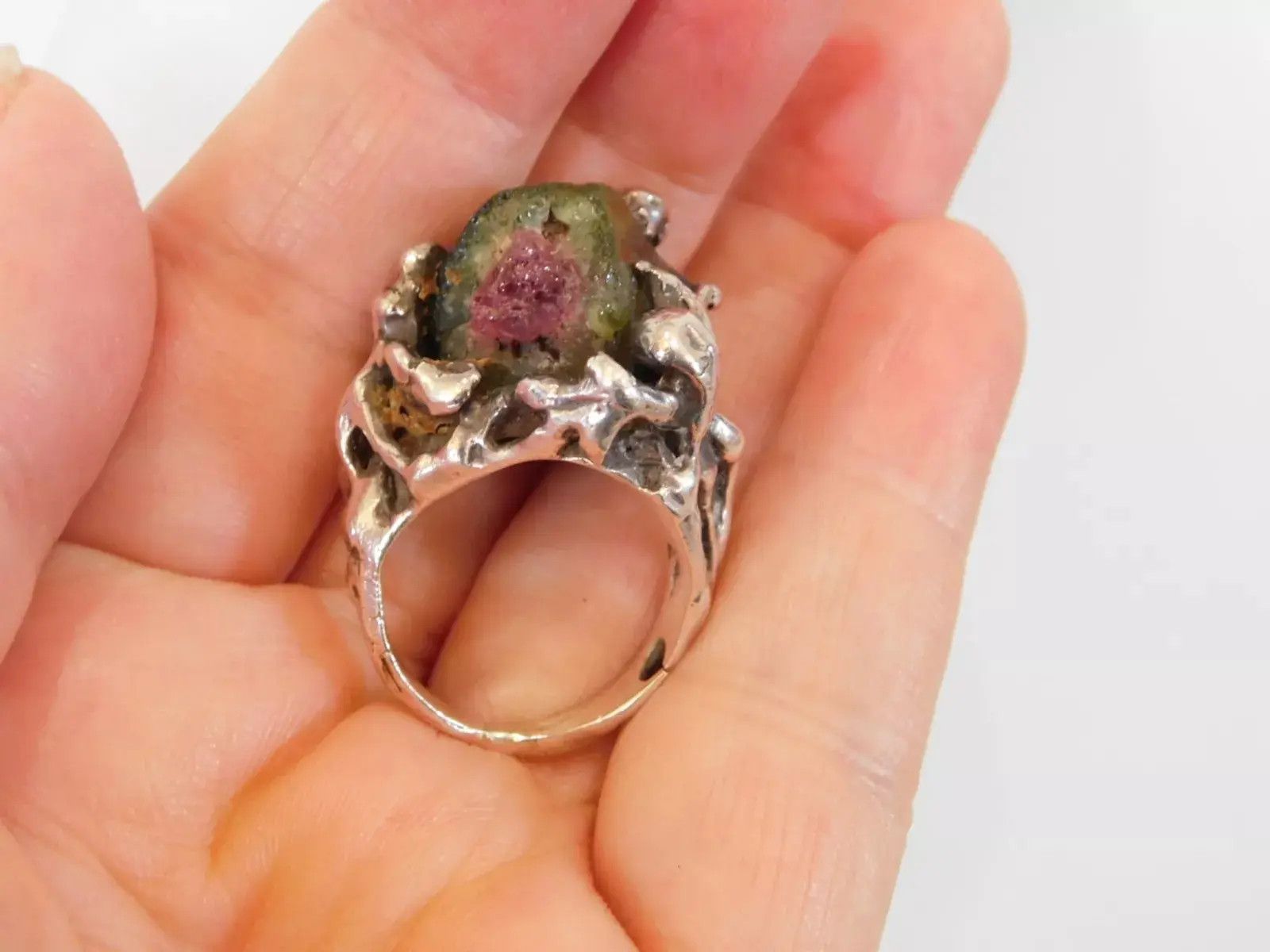 Vintage Vintage Sterling Silver Ring Tourmaline Size 7 Brutalist Size ONE SIZE - 4 Thumbnail