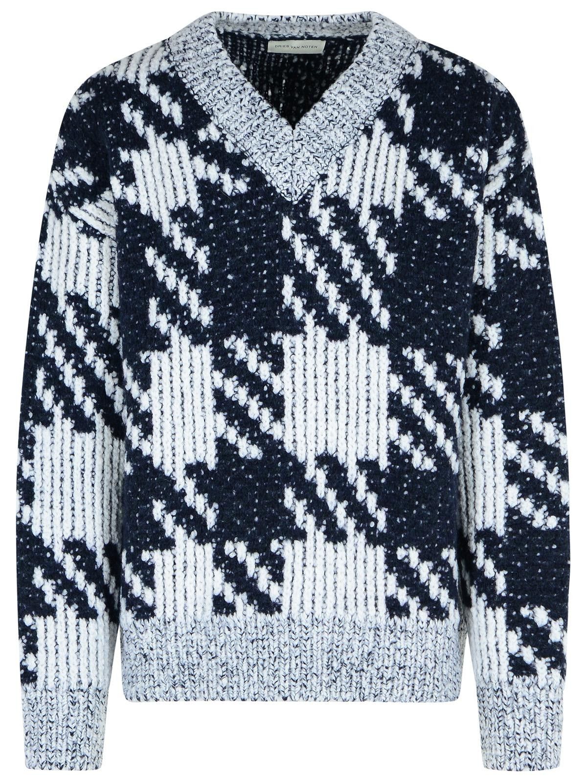 Dries Van Noten DRIES VAN NOTEN White And Navy 'Macao' Wool And Alpaca Sweater Size US M / EU 48-50 / 2 - 1 Thumbnail