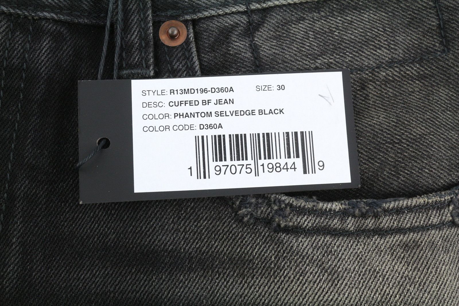 R13 CUFFED BOYFRIEND 30 Phantom Selvedge Black FW25 Jeans 86627 Size US 30 / EU 46 - 8 Thumbnail