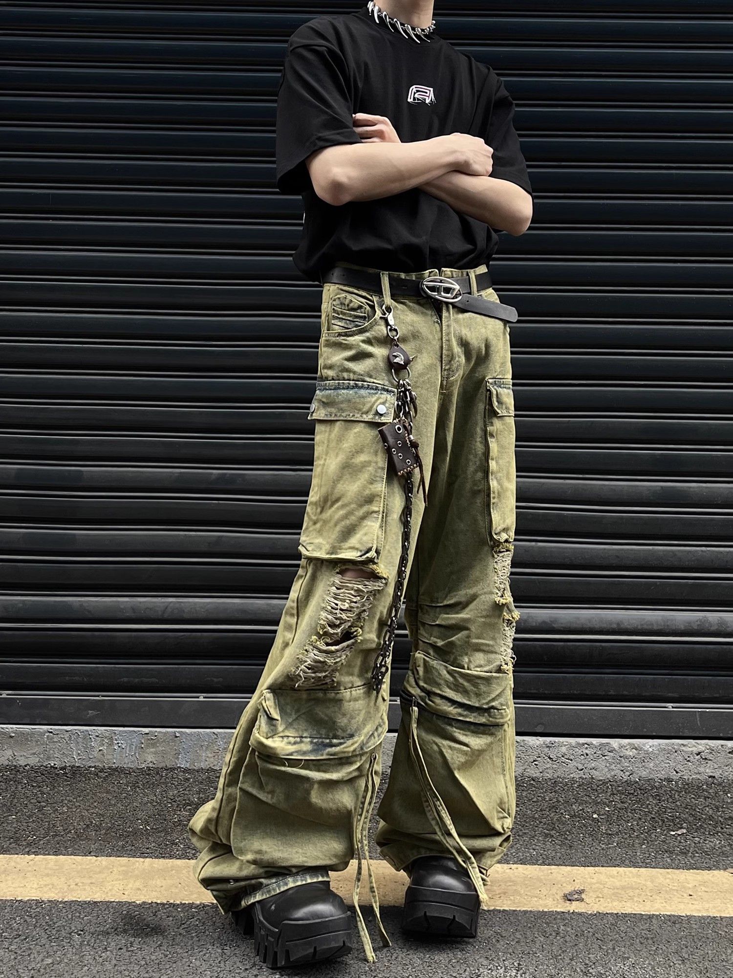 Hip hop ripped wide leg jeans