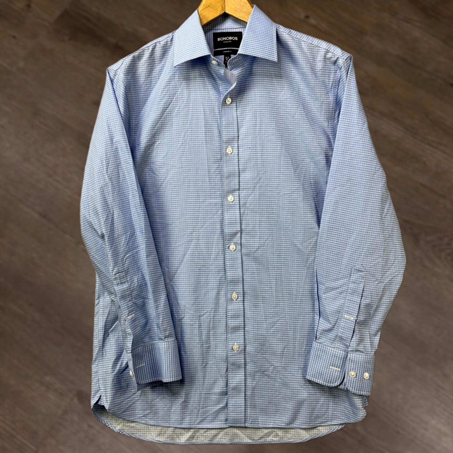 Bonobos Bonobos Shirt Dress Blue Grid Check Regular Fit Mens Long Sleeve Button Cuff Dress Shirt Size 40R - 1 Thumbnail