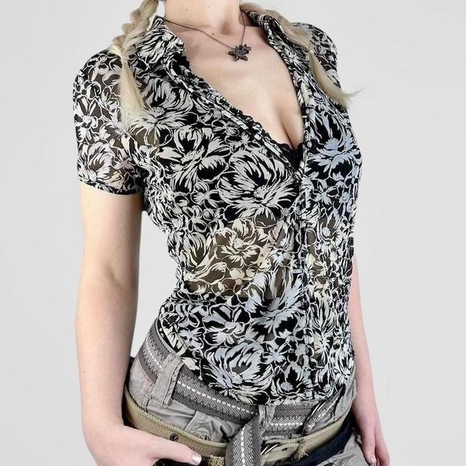 Other gray and black mesh sheer floral top Size M / US 6-8 / IT 42-44 - 4 Thumbnail