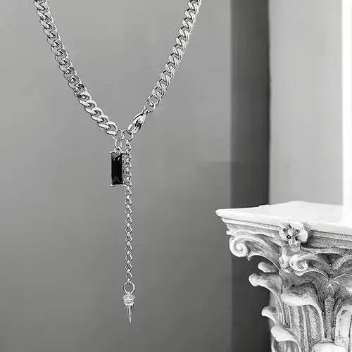 Jewelry Trend Conical Black Crystal Pendant Necklace in Silver, Men's