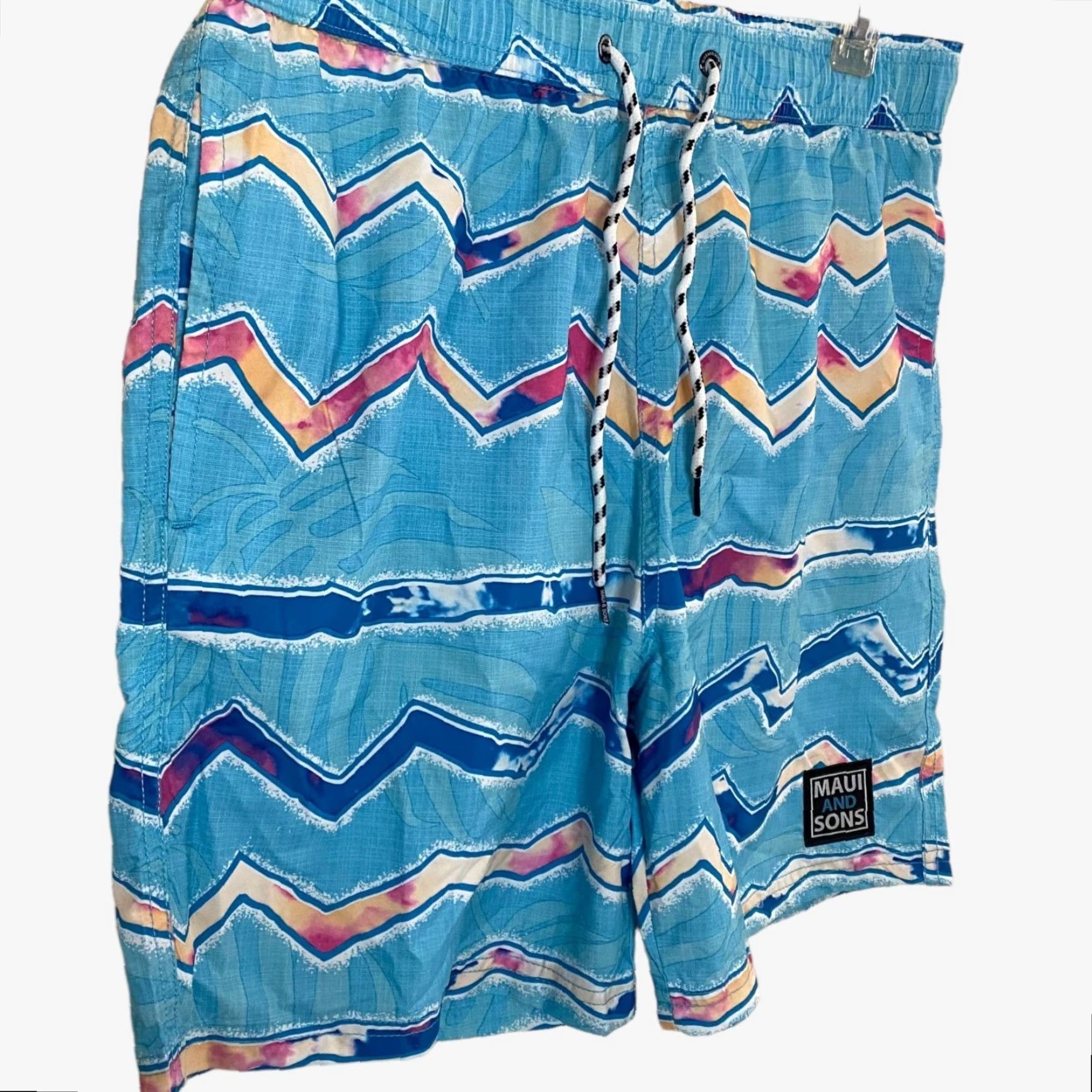 Vintage Maui & Sons Zig Zag Cruzer Print Blue Beach Pool Swim Trunks Shorts Mens Medium Size US 33 - 3 Thumbnail