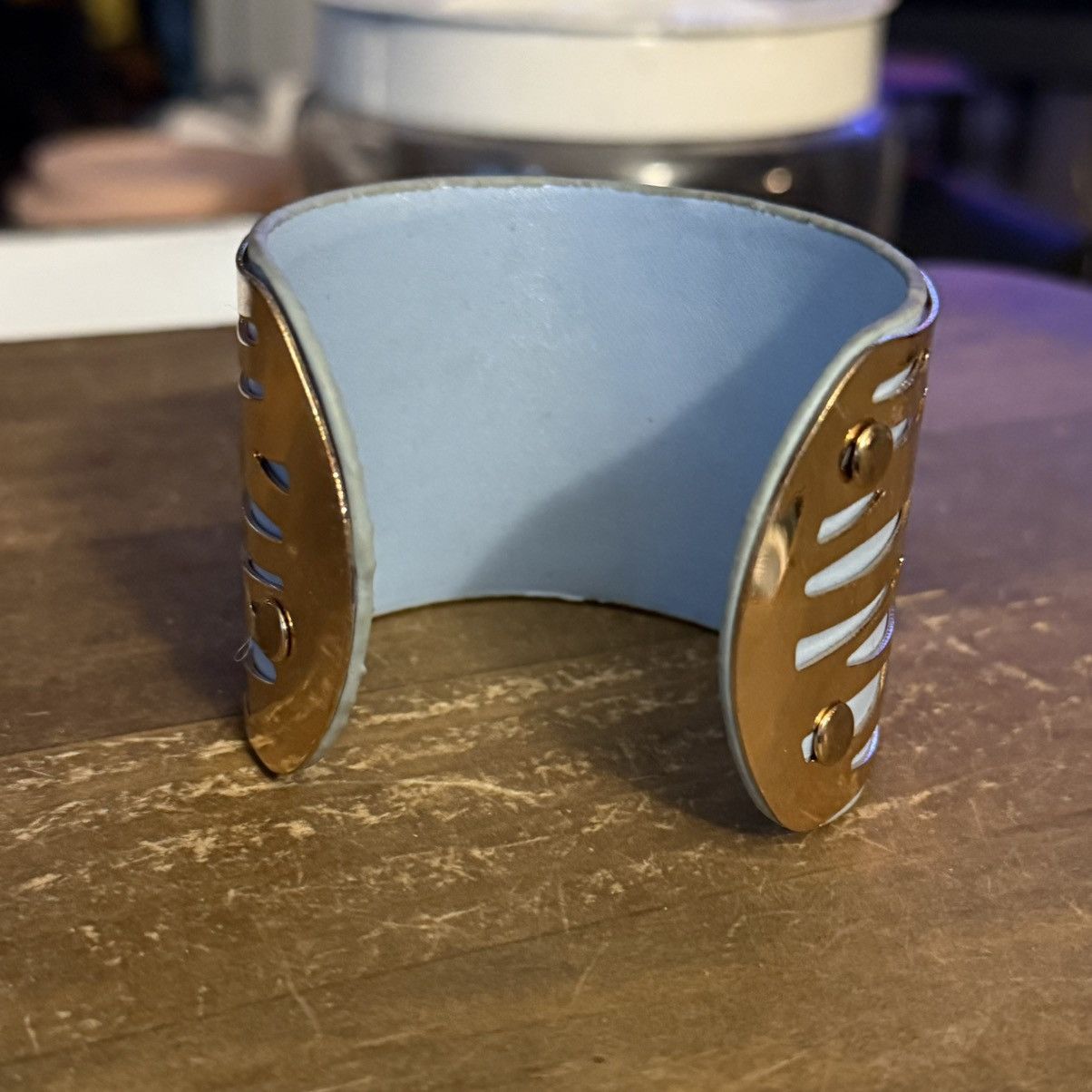 Other Wide gold tone cut out blue underlay cuff bangle bracelet Size ONE SIZE - 4 Thumbnail