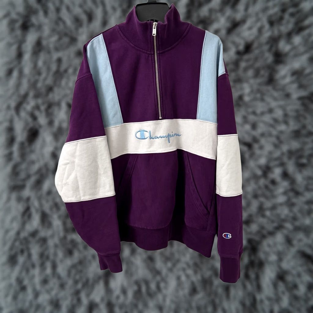 Champion Champion Reverse Weave 1/4 Zip Mens Large Purple Sweater Sweatshirt L/S Pullover Knit Crewneck Collar Zip Closure Regular Cotton Blend Size US L / EU 52-54 / 3 - 1 Thumbnail