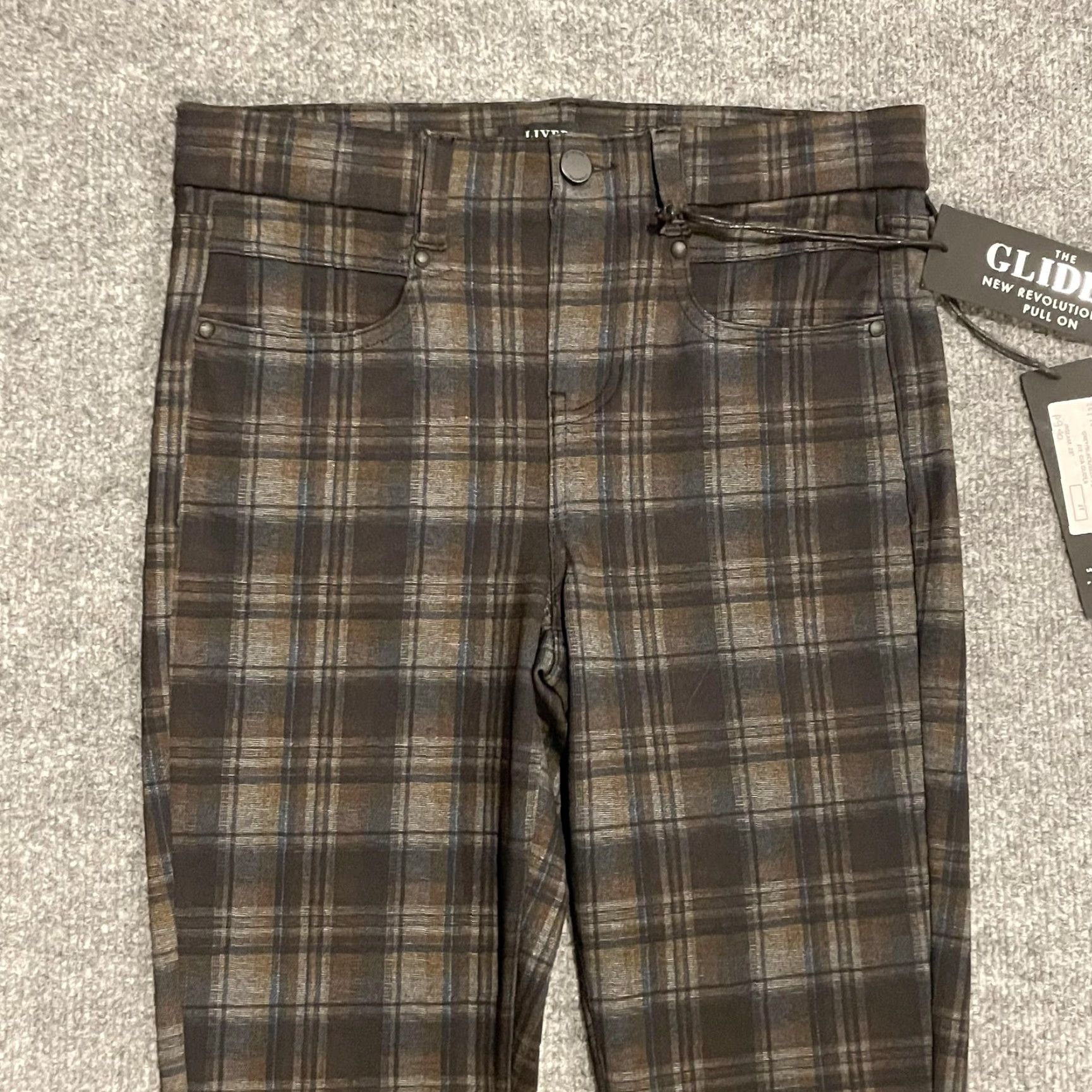 Vintage Liverpool Gia Glider Pants Womens 4/27 Grey Black Blue Plaid Pull On 28" Size 27" / US 4 / IT 40 - 3 Thumbnail