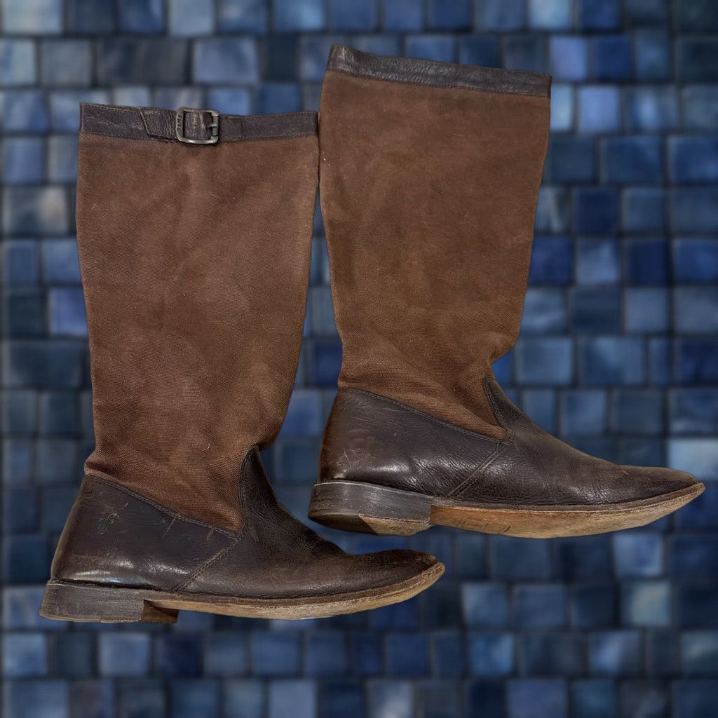 Frye Frye Boots Brown Leather Knee Boots Canvas Shaft Size 9 B Women Shoes Knee Boots Brown Canvas & Leather Upper Size US 9 / IT 39 - 1 Thumbnail