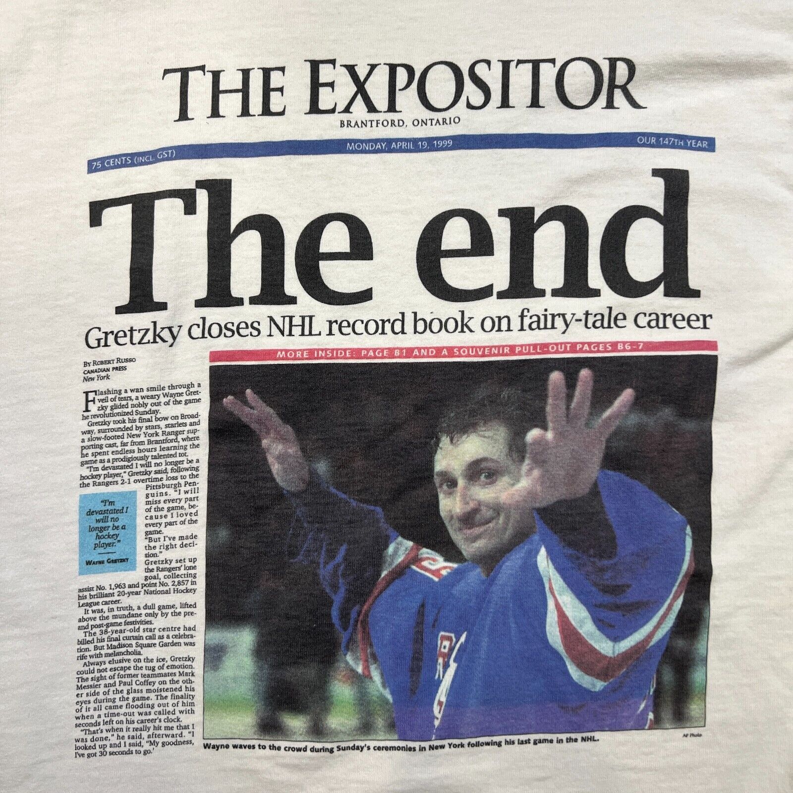 NHL × Vintage VTG 1999 Wayne Gretsky T Shirt The End Retirement NHL Tee Size US L / EU 52-54 / 3 - 3 Thumbnail