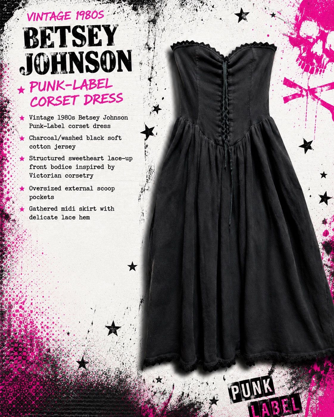 Vtg 1980s Betsey Johnson Punk Label Corset Dress Black Midi