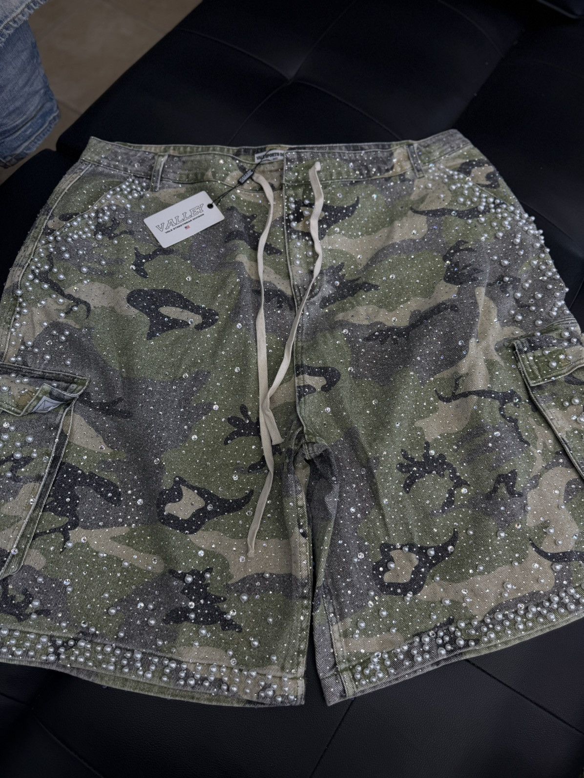 Vale Valley Rhinestone Crystal Shorts Denim Green Camo Size 38 Size US 38 / EU 54 - 1 Thumbnail
