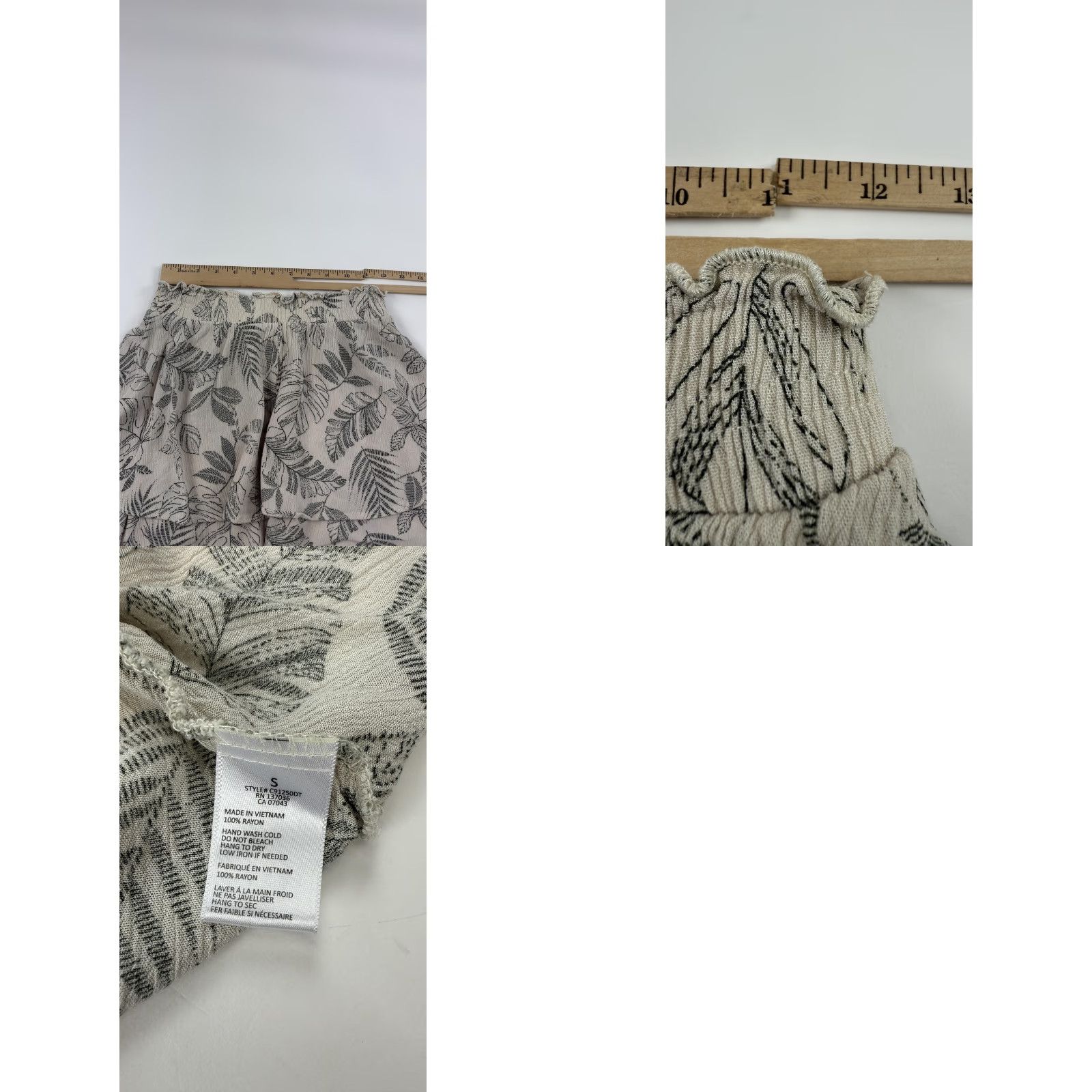 Vintage Paper Crane Skirt Womens Small Cream Black Leaf Print Ruffle Boho Summer Rayon Size 28" / US 6 / IT 42 - 8 Thumbnail