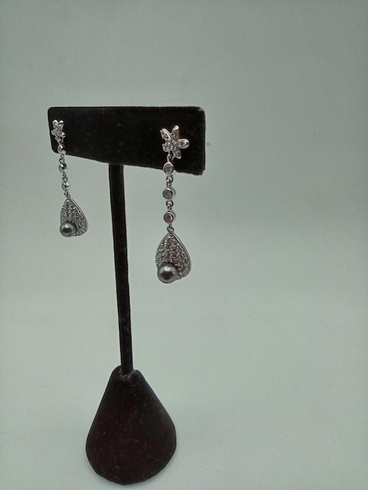 The Unbranded Brand Sterling CZ Gray Pearl Drop Dangle Earrings Size ONE SIZE - 2 Thumbnail