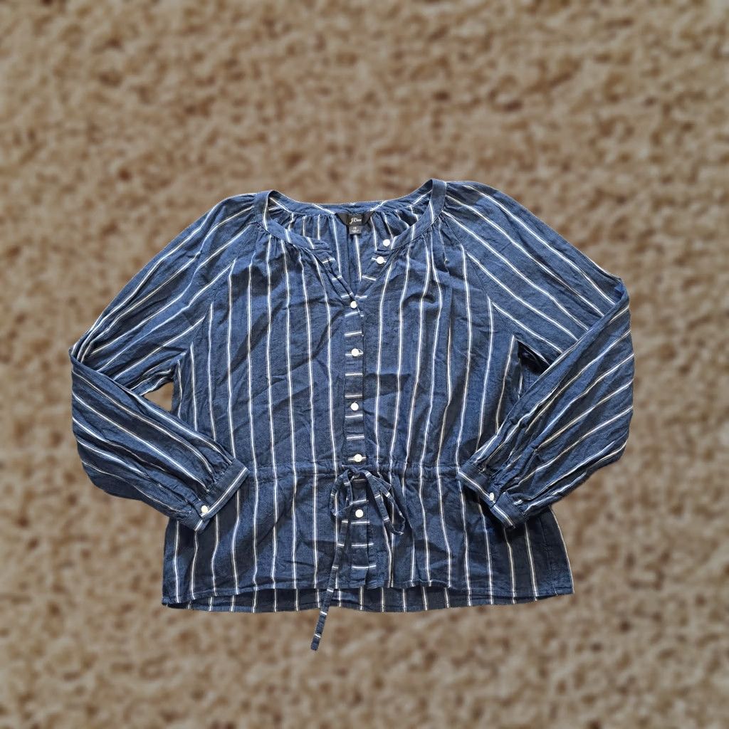 J.Crew J.CREW Top Womens Size 12 Blue Striped Linen Peasant Long Sleeve Boho Casual Shirt Womens Size XL / US 12-14 / IT 48-50 - 1 Thumbnail