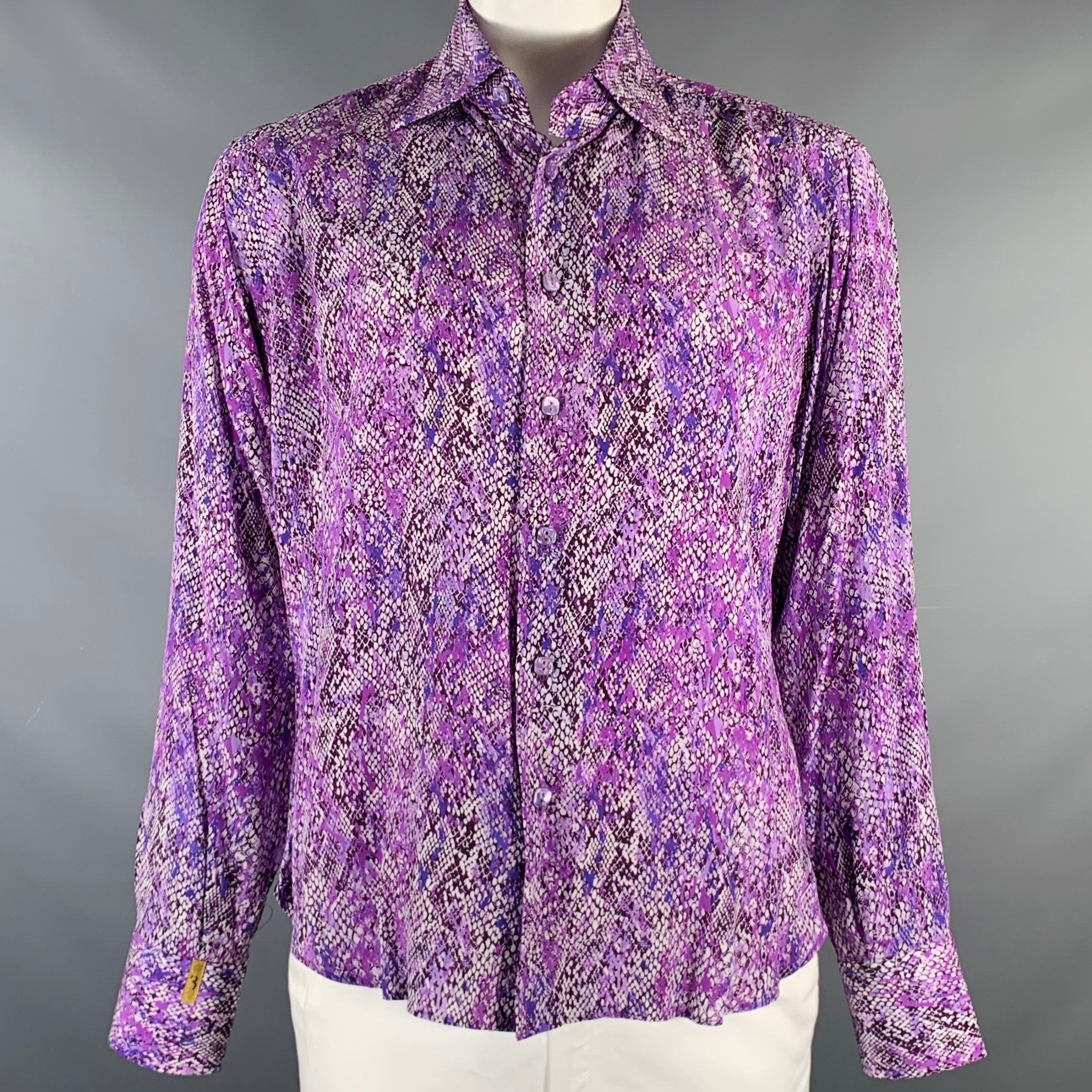 image of Billionaire Couture Purple White Snake Silk Button Up Long Sleeve Shirt, Men's (Size XL)