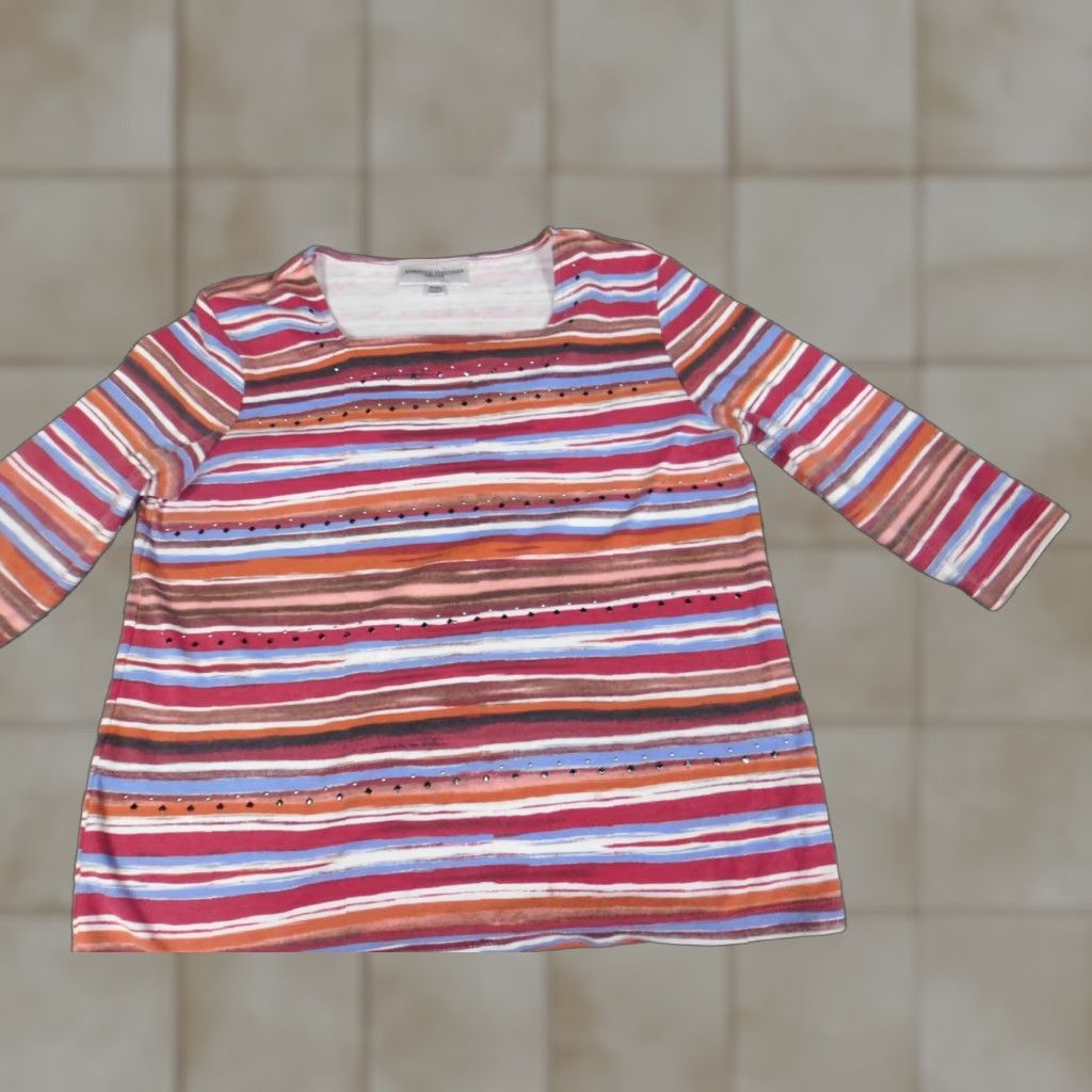 Vintage Rebecca Malone Womens Blouse PM Petites Red Striped Stretch Crew Neck Long Sleeve Casual Pullover Cotton Polyester Rayon Ruffle Classic Basic Size M / US 6-8 / IT 42-44 - 1 Thumbnail