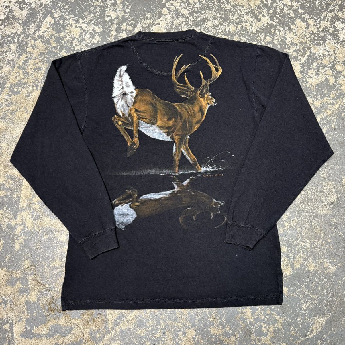 Y2K Deer Reflection In Water Long Sleeve Legendary Black Tee