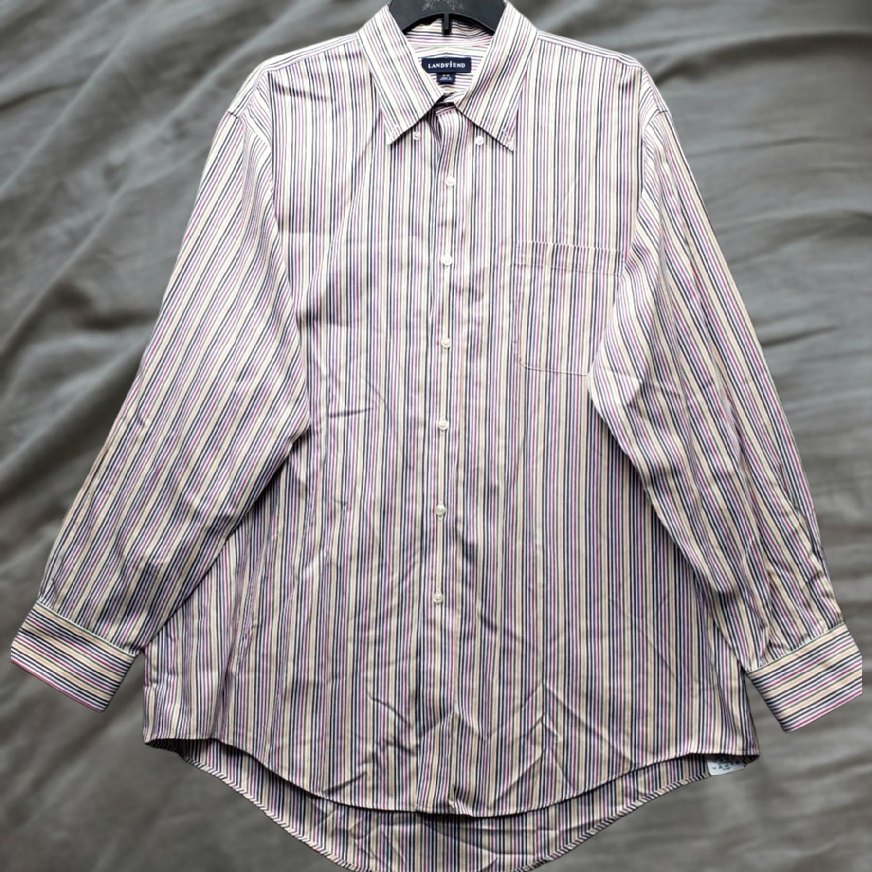 Lands' End Lands' End Mens Dress Shirt 17 Multicolor Striped Long Sleeve Collared Button Down Shirt Size 46R - 1 Thumbnail