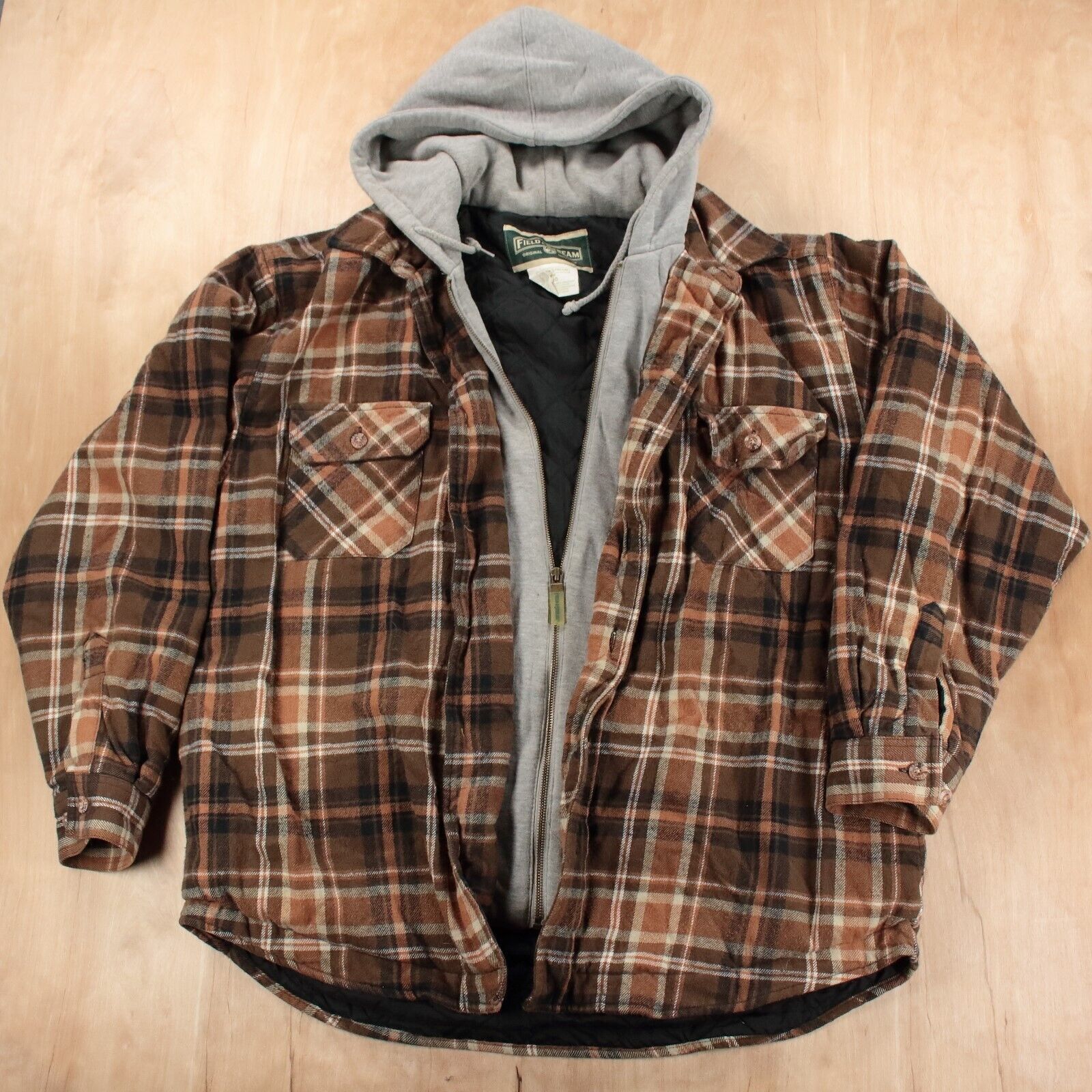 Vintage FIELD & STREAM men's hooded quilt lined flannel shirt jacket