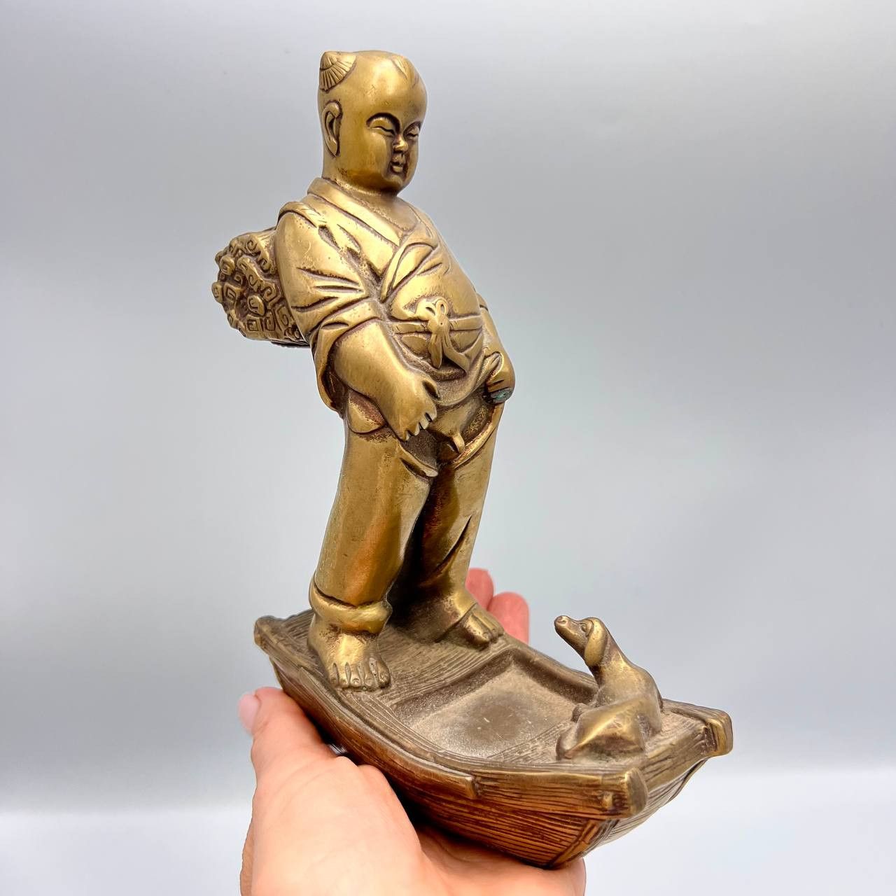 Vintage Bronze Brass Figure Japanese Boy with Dog