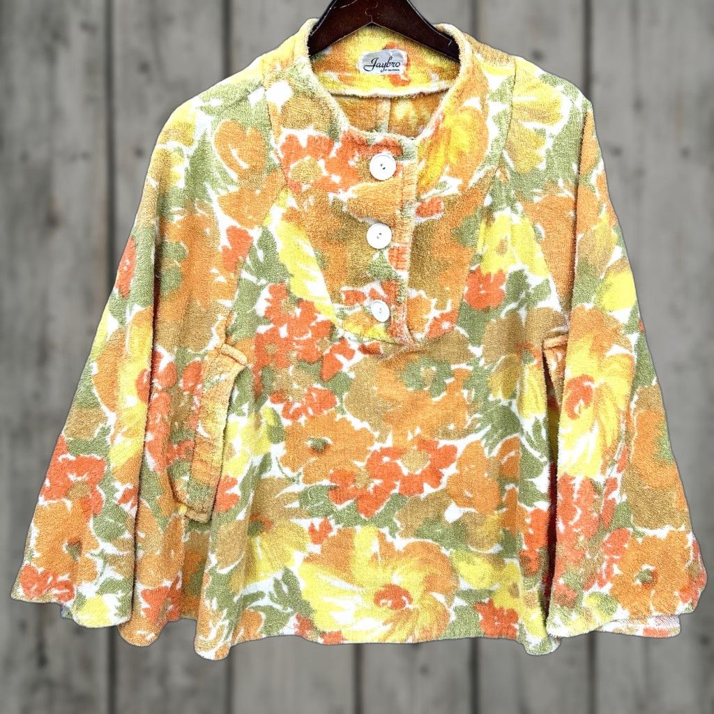 Etro VINTAGE Jaybro Cotton Terrycloth Poncho Orange Flower Casual 1970s Hippy One Size Womens Size ONE SIZE - 1 Thumbnail
