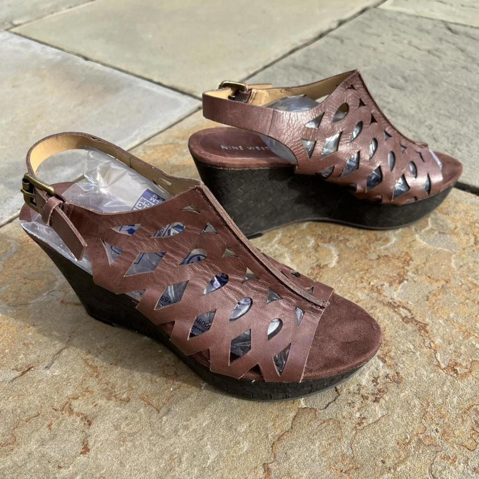 Nine West Dark Brown Leather Sandal Wedge High Heels Size US 7.5 / IT 37.5 - 2 Thumbnail