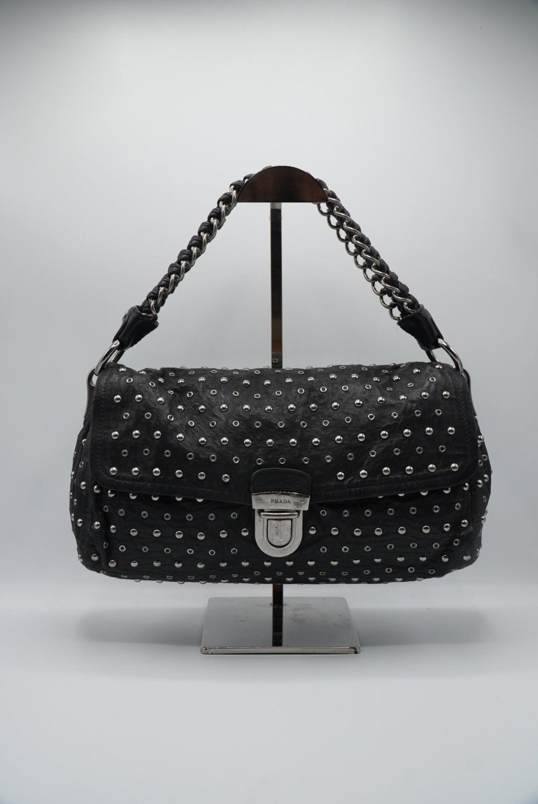 Prada Prada Black Leather Studded Handbag Size ONE SIZE - 1 Thumbnail
