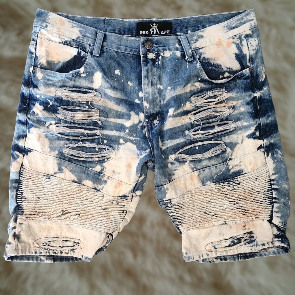 Denime VINTAGE Red Ape Denim Bermuda Shorts Jeans Bleached Blue Ripped Ribbed Hip-Hop 40 Mens Size US 40 / EU 56 - 1 Thumbnail