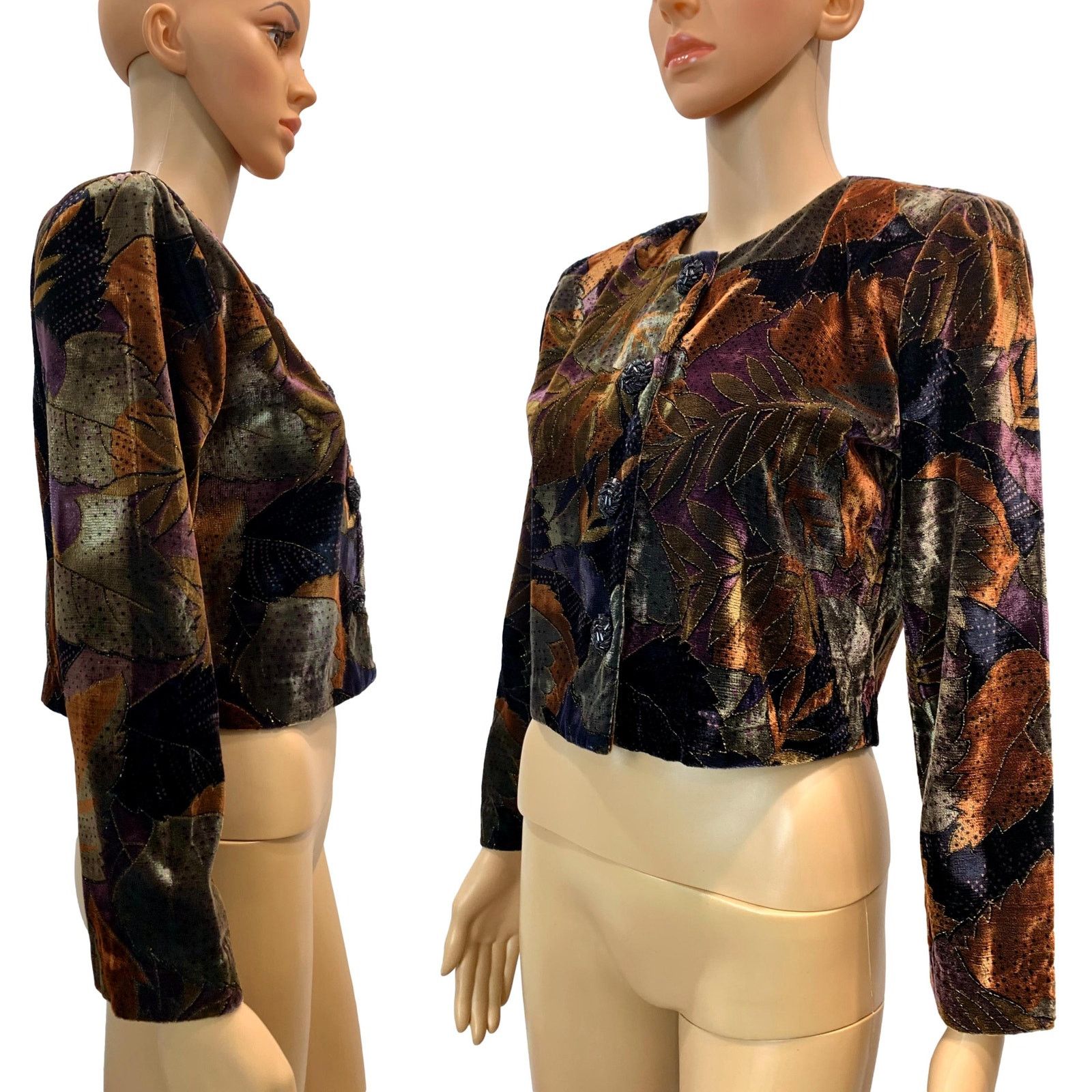 Vintage 80s Cropped Painted Velvet Jacket | Metallic Brown Purple Size S / US 4 / IT 40 - 5 Thumbnail