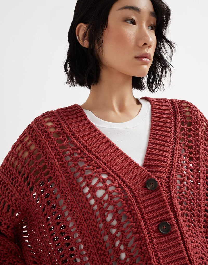 Brunello Cucinelli o1la1rc1a0326 Cotton Ribbed Net Cardigan in Red Size S / US 4 / IT 40 - 3 Thumbnail