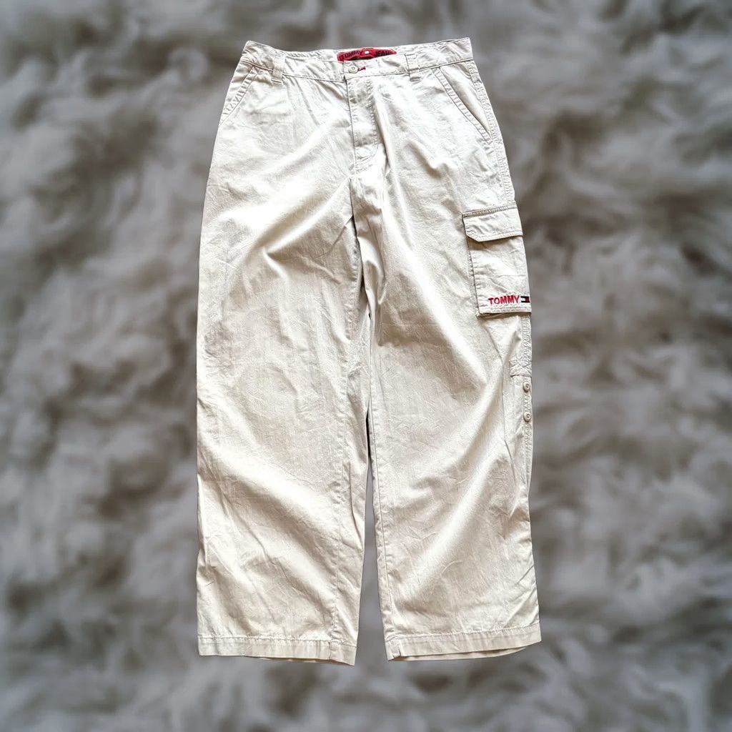 Tommy Hilfiger Y2K Baggy Cargo Pants Tommy Jeans 33x31 Beige Wide Leg Pockets Skater Workwear Mens Cargo Pants Beige Tommy Jeans Wide-Leg Size US 33 - 1 Thumbnail
