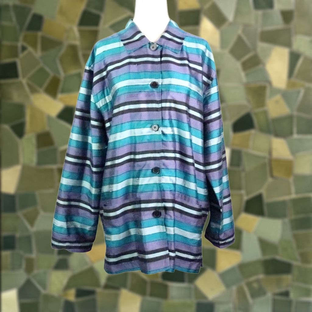 JM Collection VINTAGE JM Collection Jacket Blue Stripe Silk 90s Bohemian Women M Long Sleeve Button Front Casual Workwear Size M / US 6-8 / IT 42-44 - 1 Thumbnail