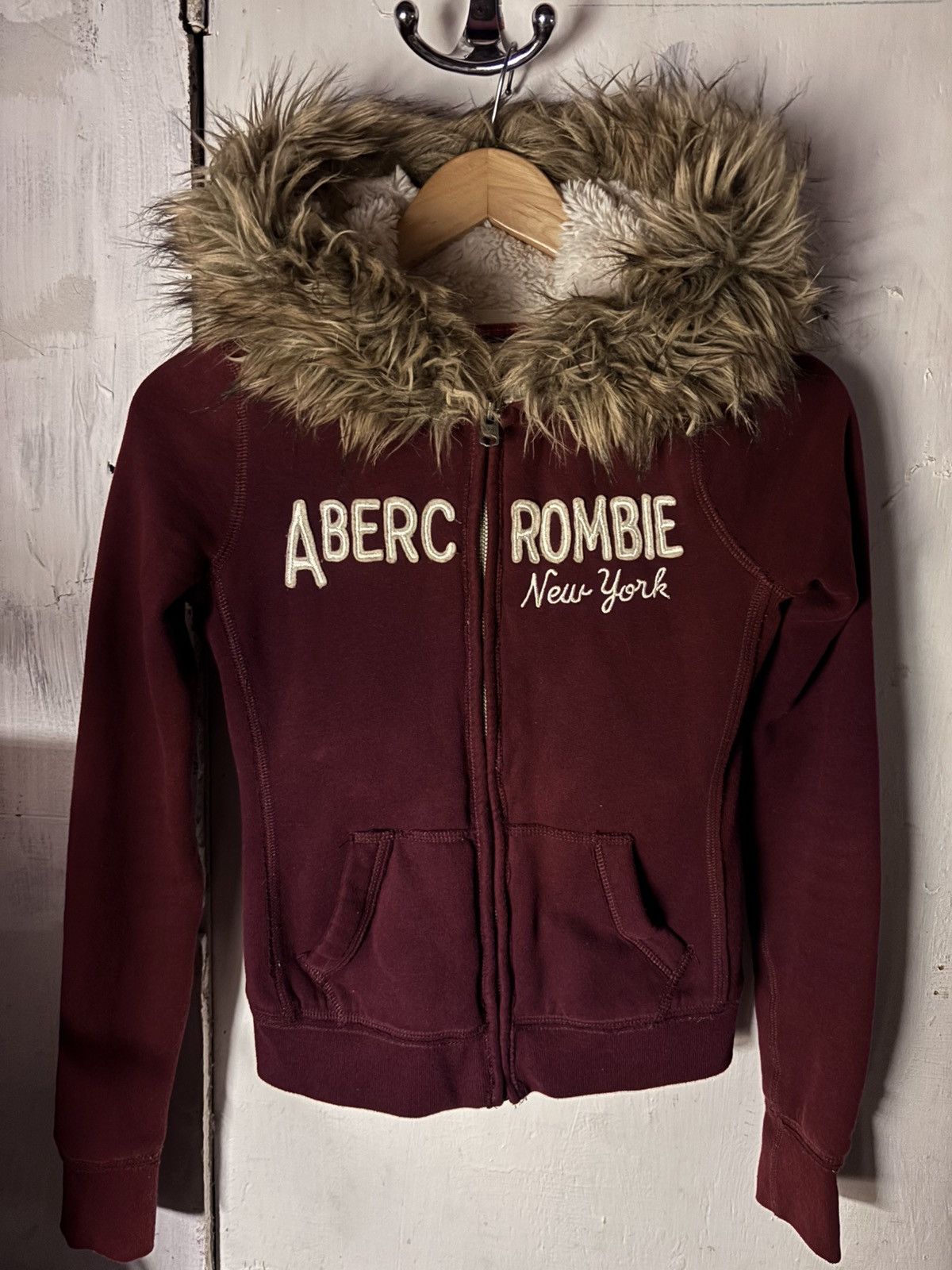 Fuzzy Fur Hoddie Zipper Jacket Wine Red