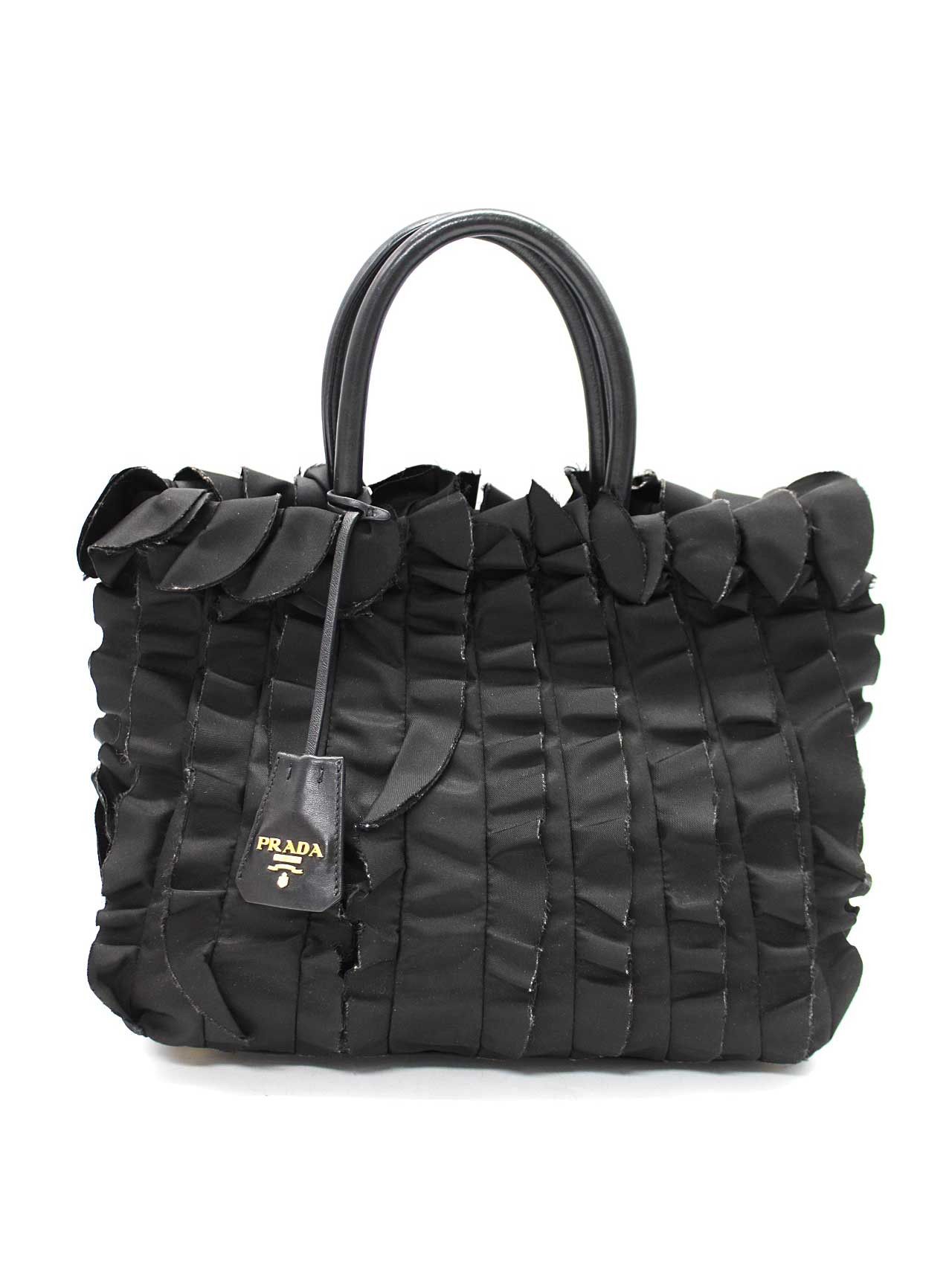 Prada Frilled Handbag Gold Metal Fittings Bag Black