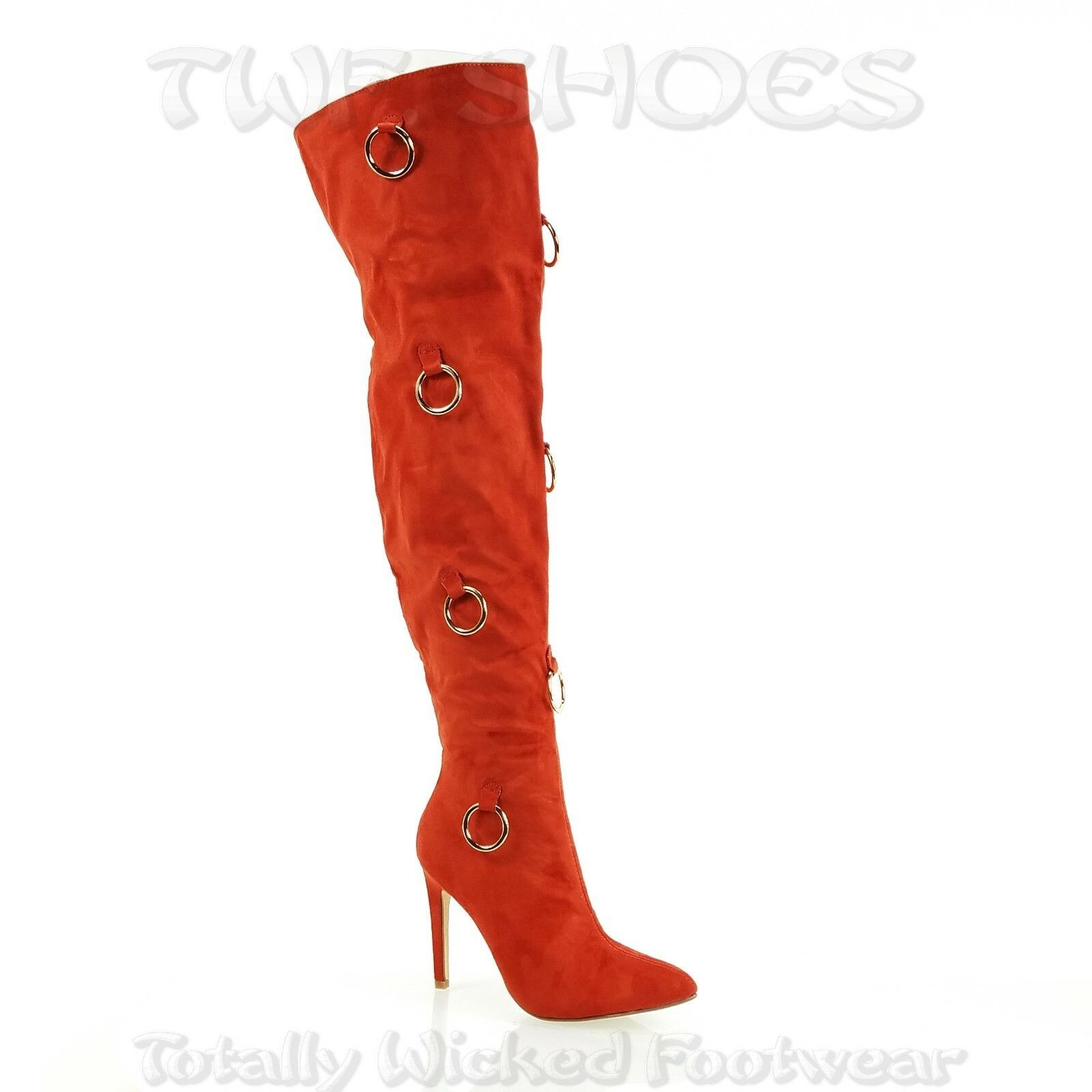 Other CR Gigi 68 Rust Red OTK Thigh Boot 4.5" High Heel Gold Bull Size US 6.5 / IT 36.5 - 3 Thumbnail