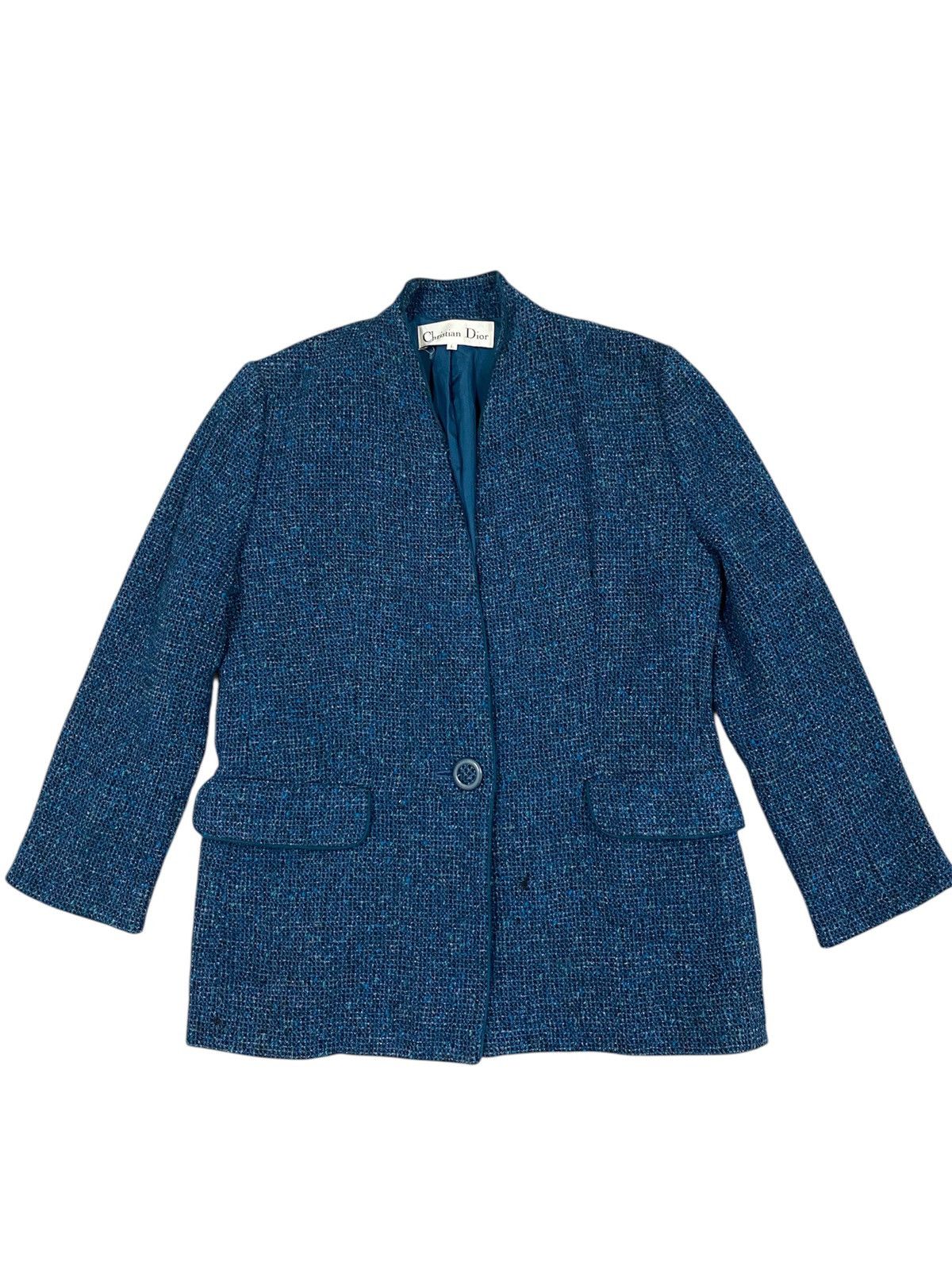 Christian Dior Monsieur Christian Dior Vintage Tweed Jacket Blue | Minimal Collar Size L / US 10 / IT 46 - 1 Thumbnail
