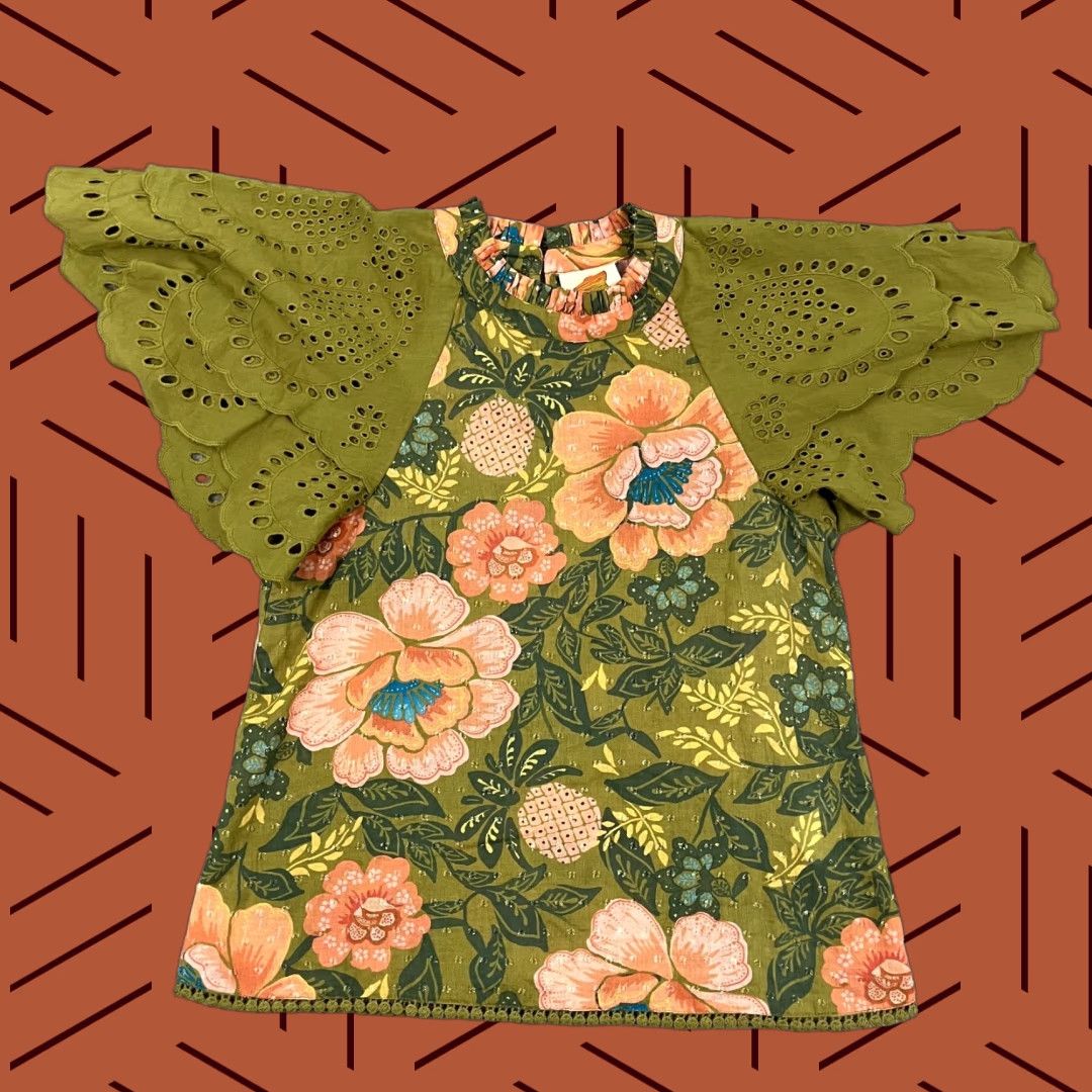 Farm Rio Farm Rio Anthropologie Blouse Womens 2XS 2XS Green Floral Eyelet Lace Boho Size XXS / US 00 / IT 34 - 1 Thumbnail